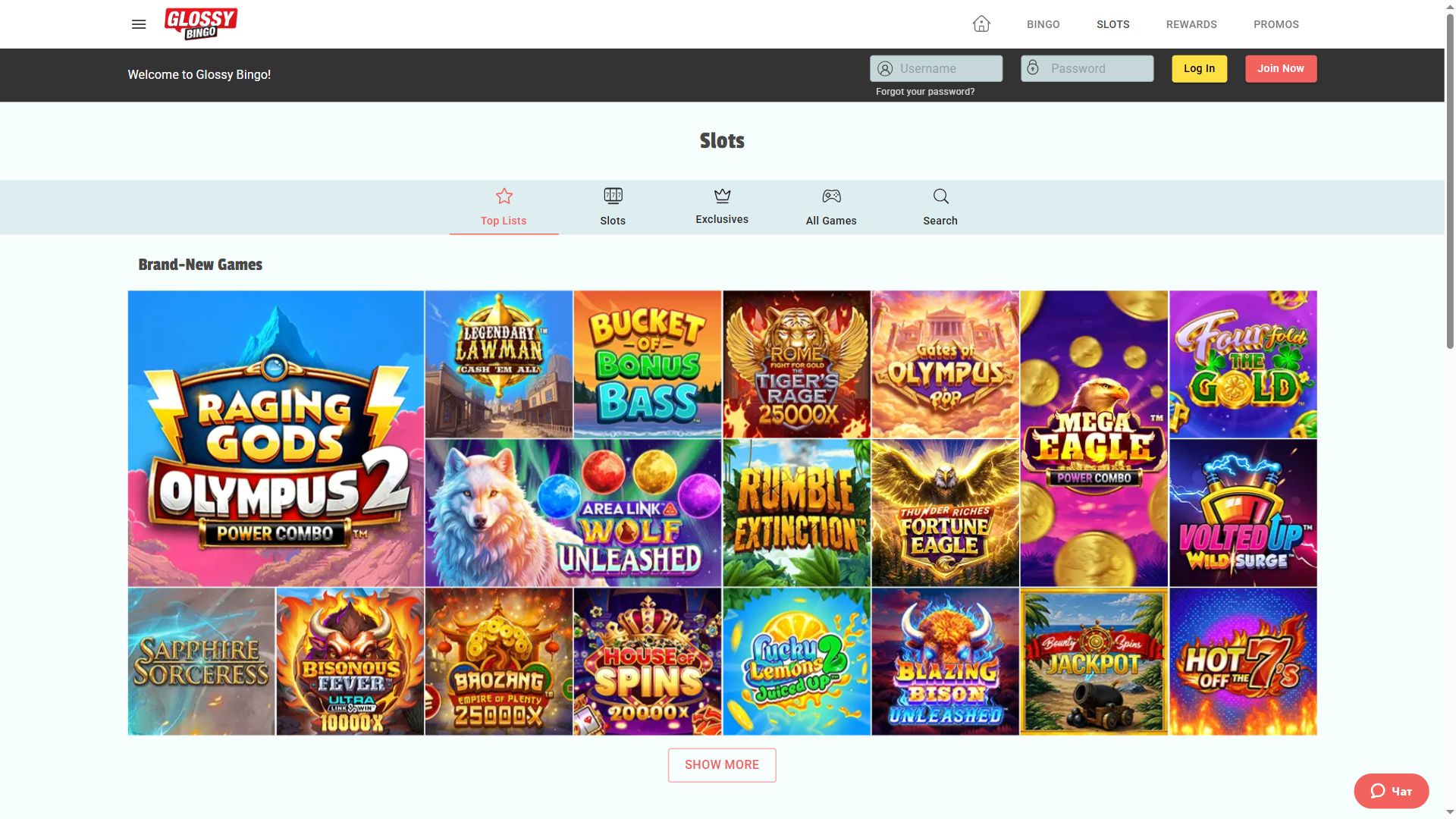 Glossy Bingo — Lobby (Desktop)
