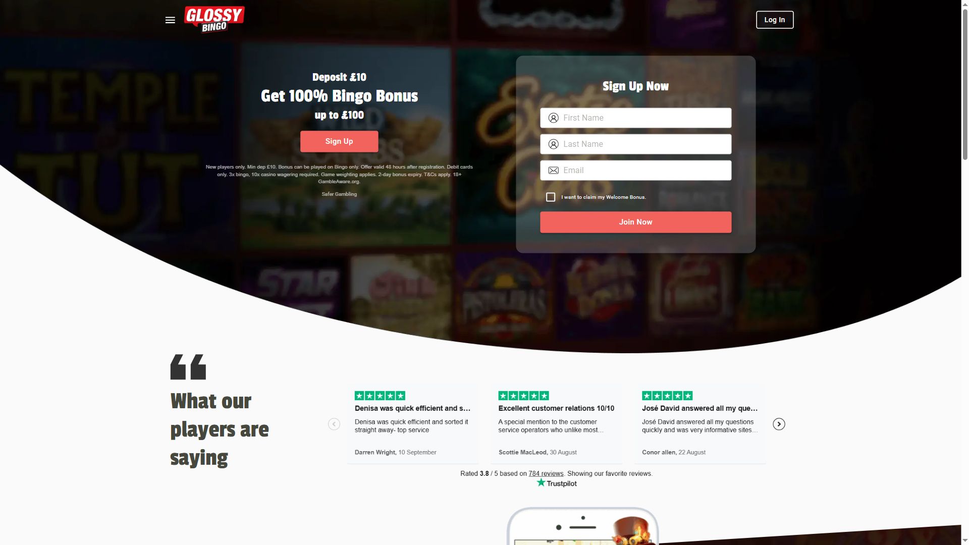 Glossy Bingo — Homepage (Desktop)