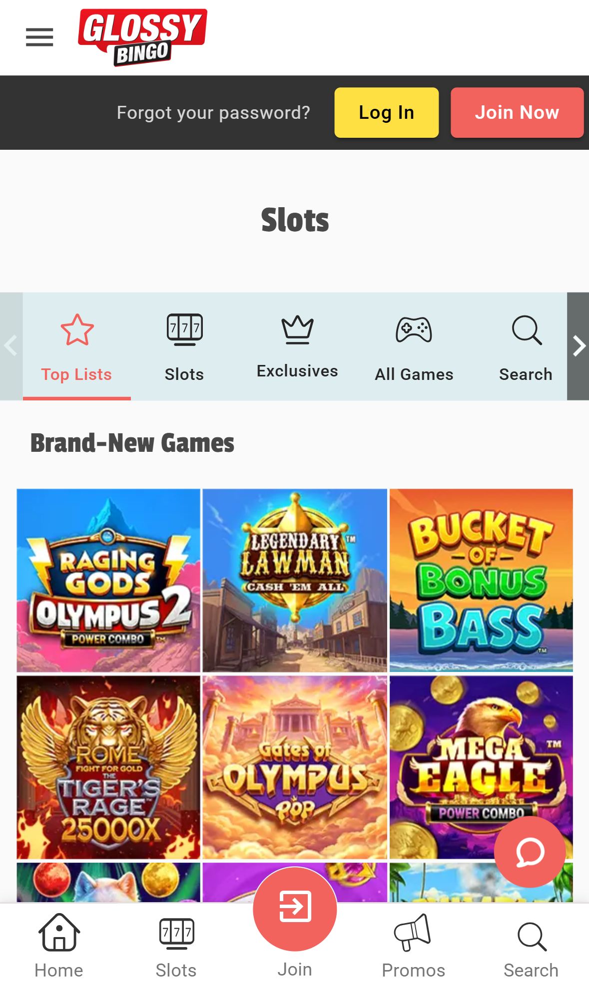 Glossy Bingo — Lobby (Mobile)