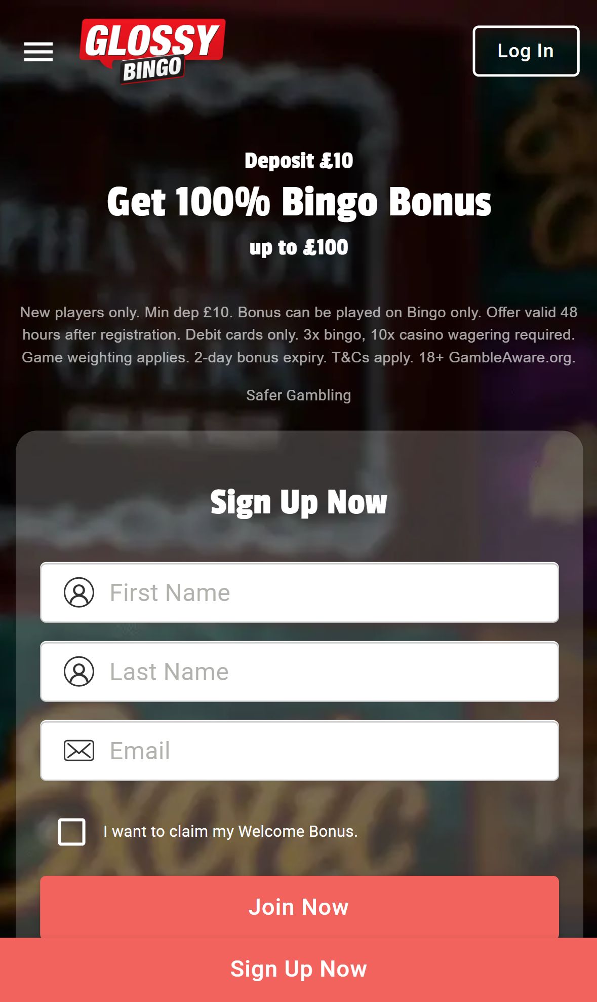 Glossy Bingo — Homepage (Mobile)