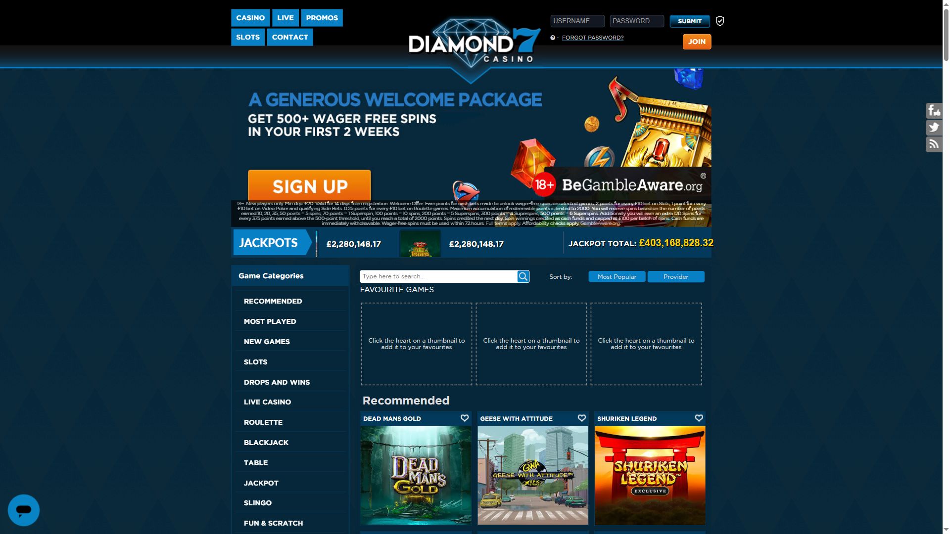 Diamond7Casino — Homepage (Desktop)