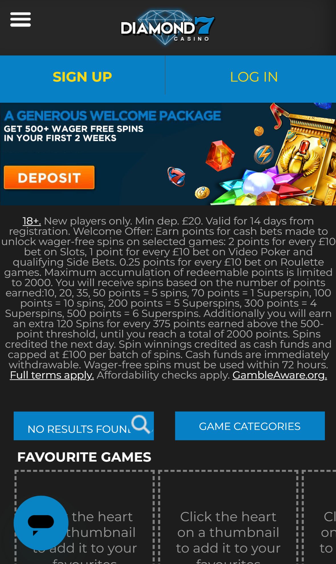 Diamond7Casino — Homepage (Mobile)
