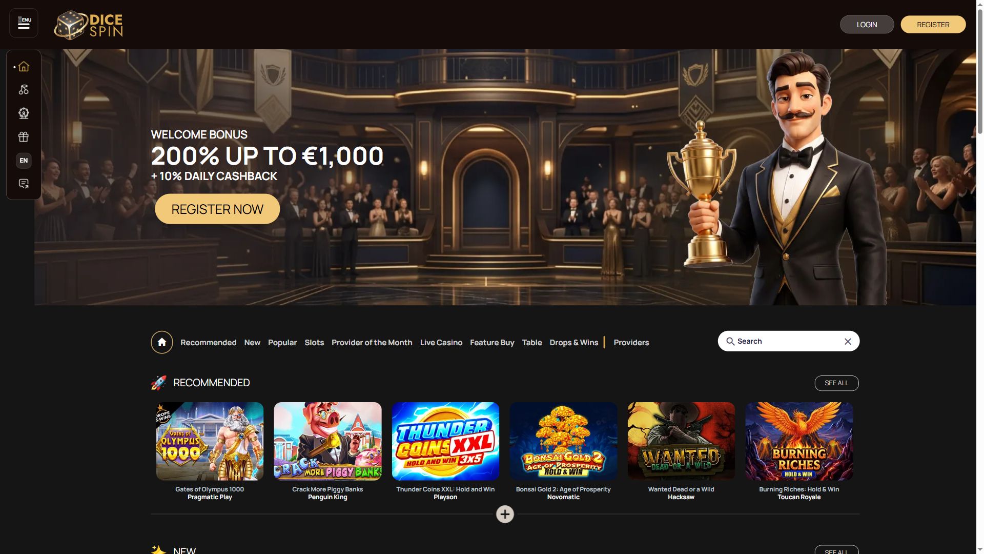 DiceSpin — Homepage (Desktop)