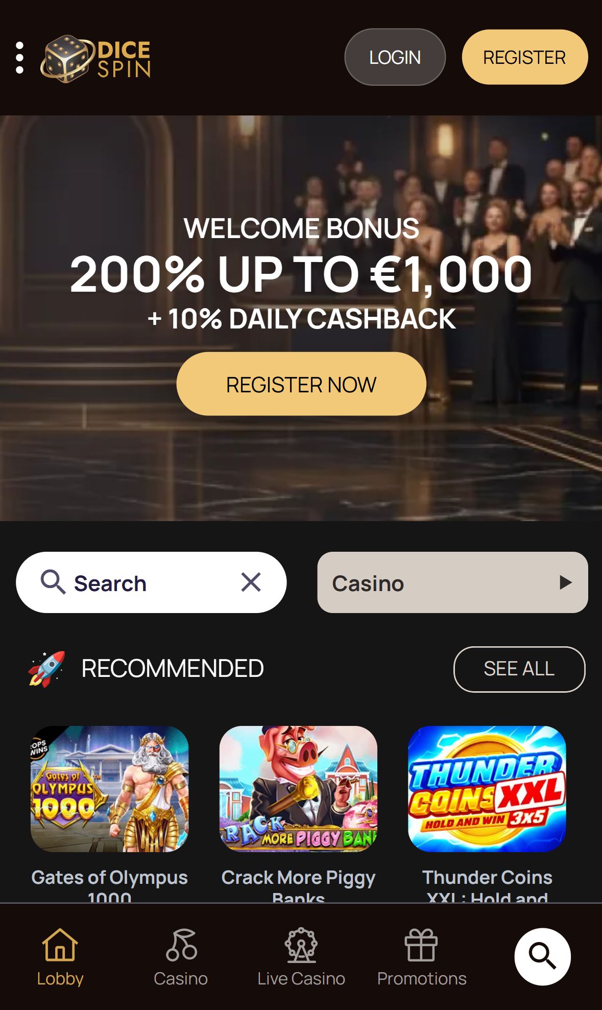 DiceSpin — Homepage (Mobile)