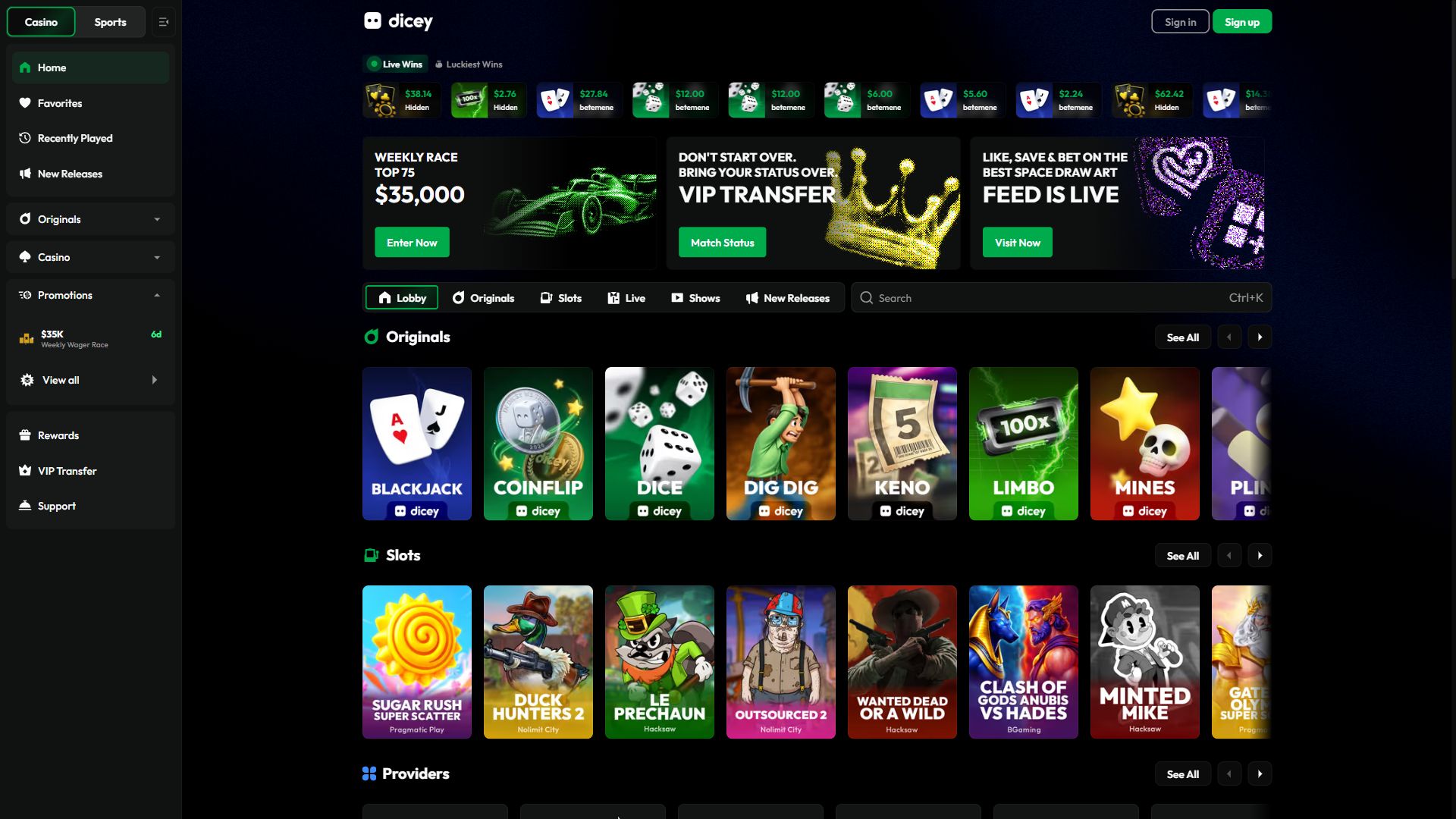 Dicey — Homepage (Desktop)
