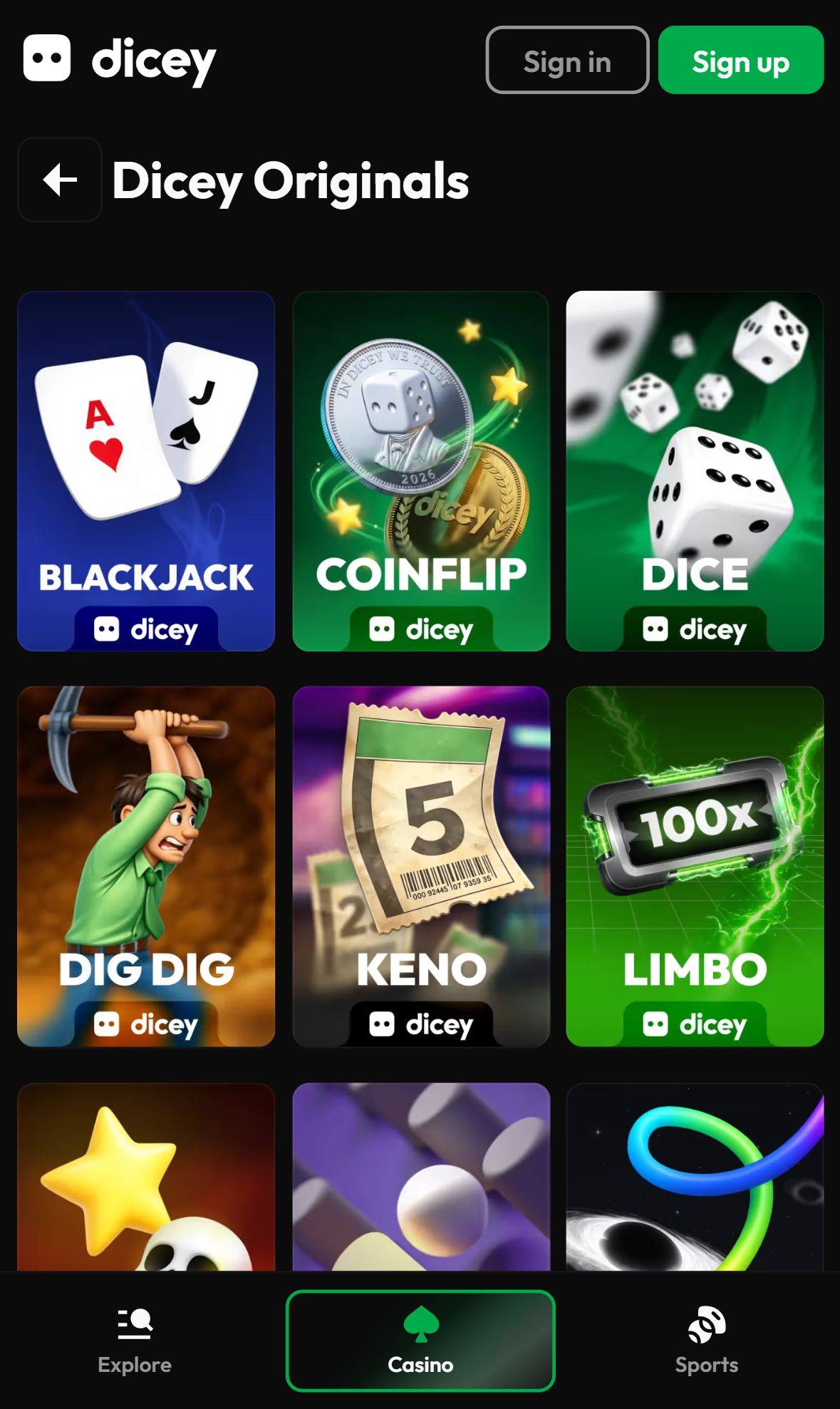 Dicey — Lobby (Mobile)