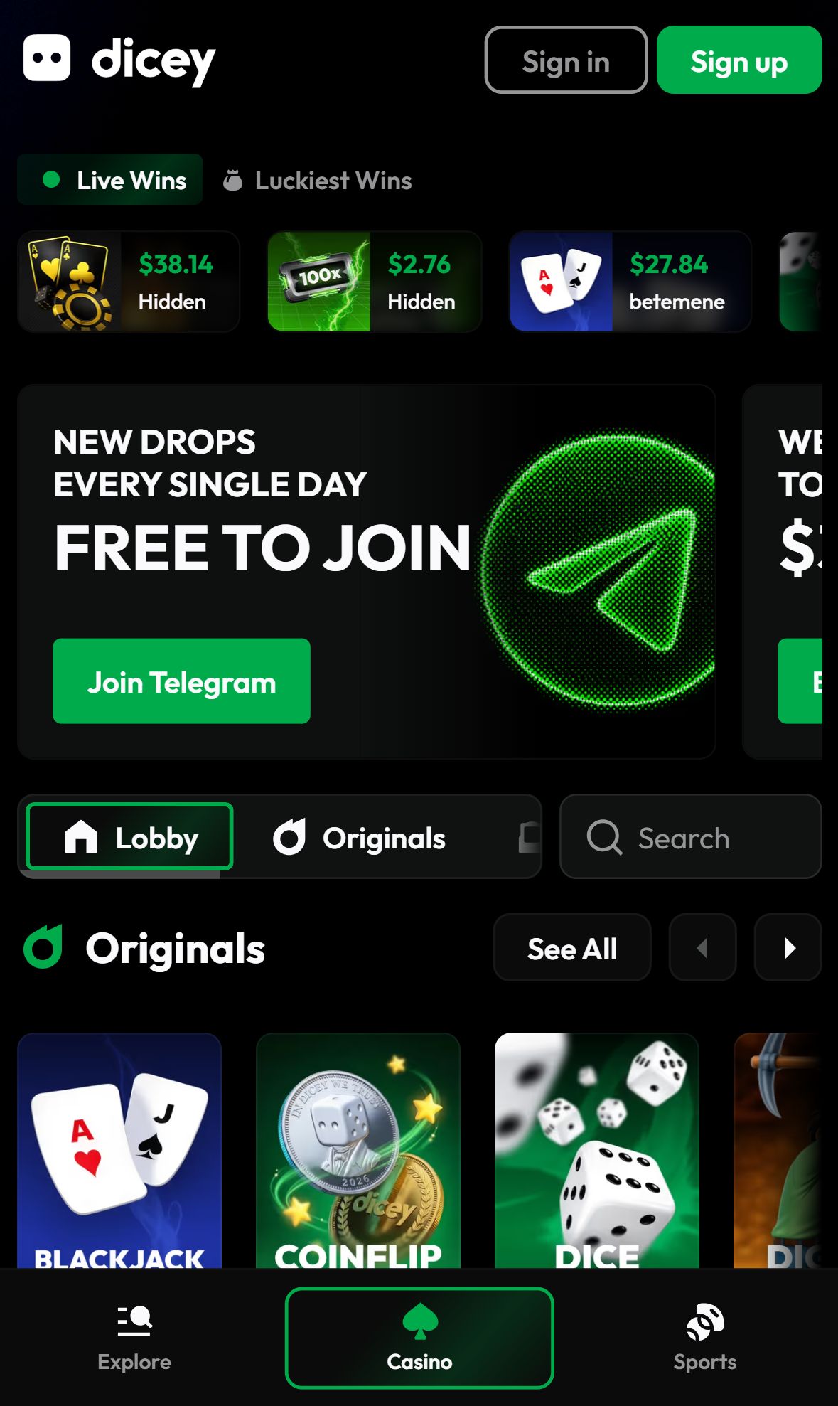 Dicey — Homepage (Mobile)