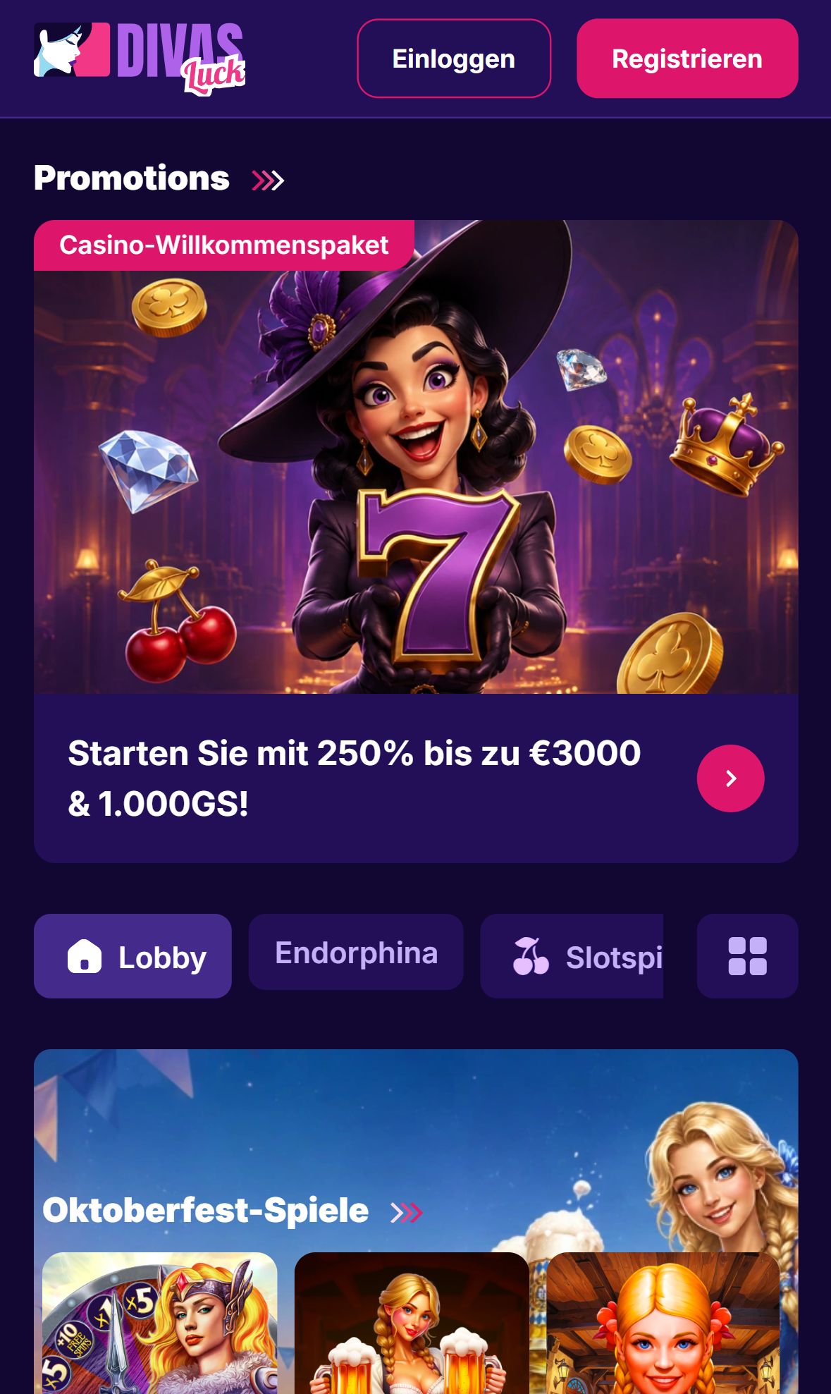 Divas Luck Casino — Lobby (Mobil)