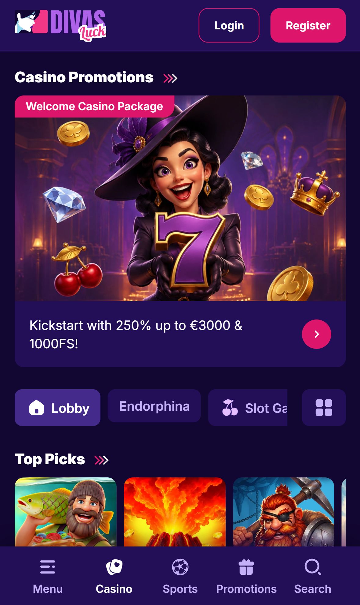 Divas Luck Casino — Lobby (Mobile)