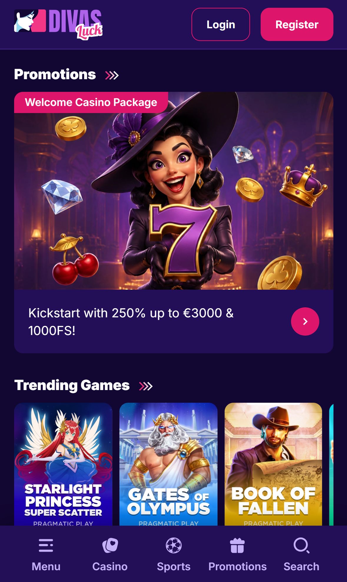 Divas Luck Casino — Homepage (Mobile)