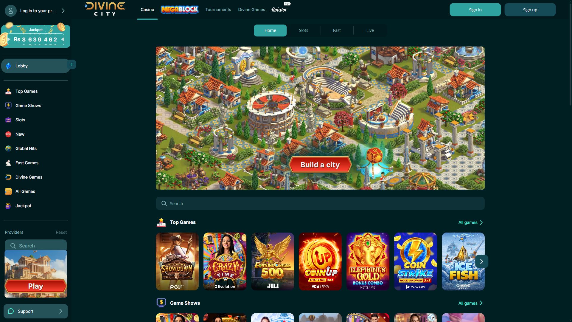 Divine Casino — Homepage (Desktop)
