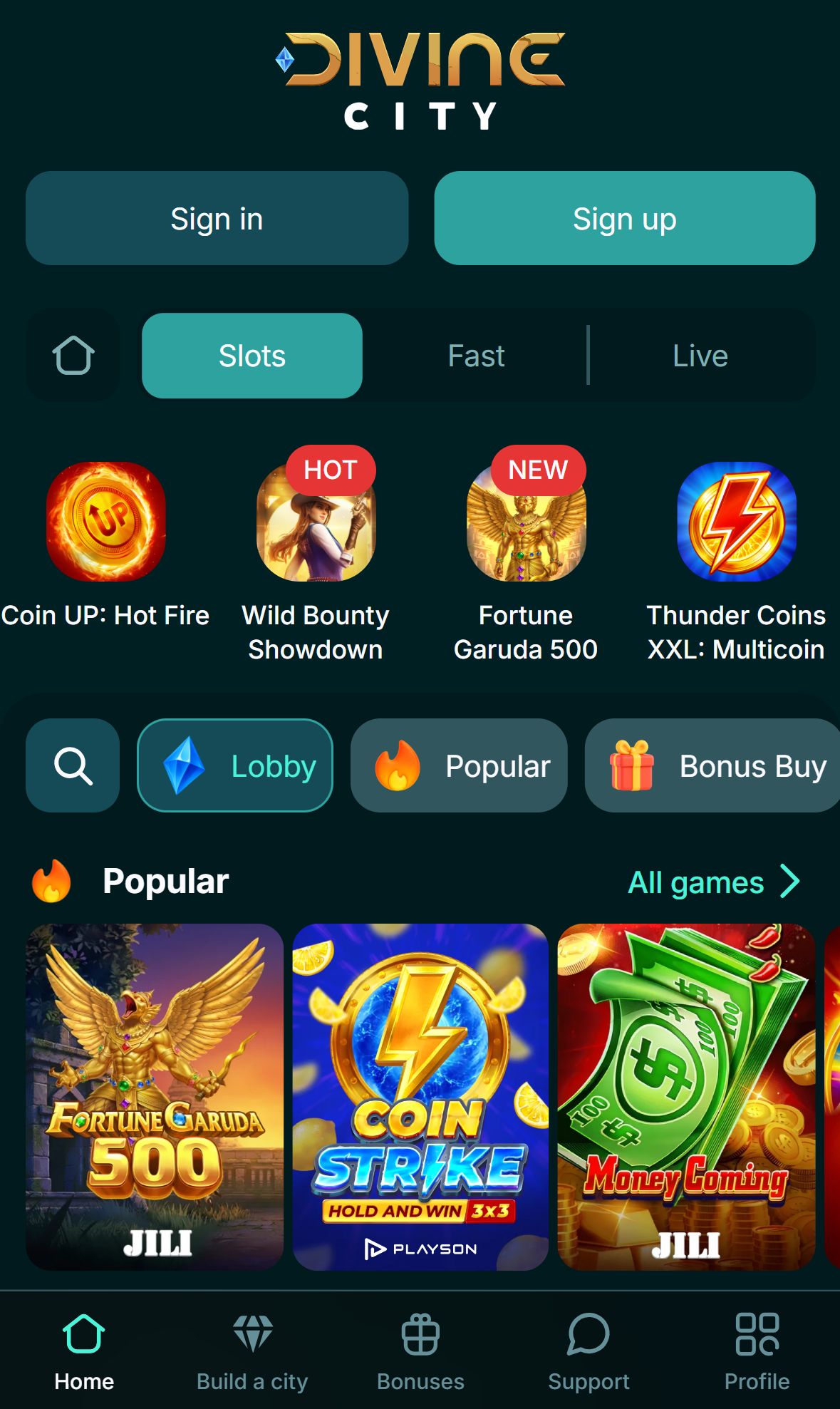 Divine Casino — Lobby (Mobile)