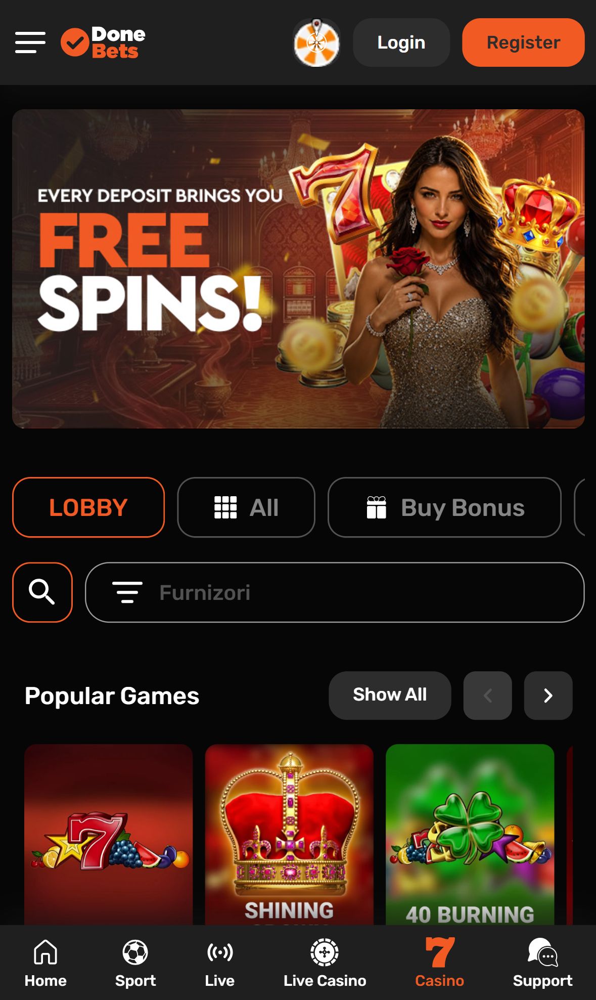DoneBets — Lobby (Mobile)