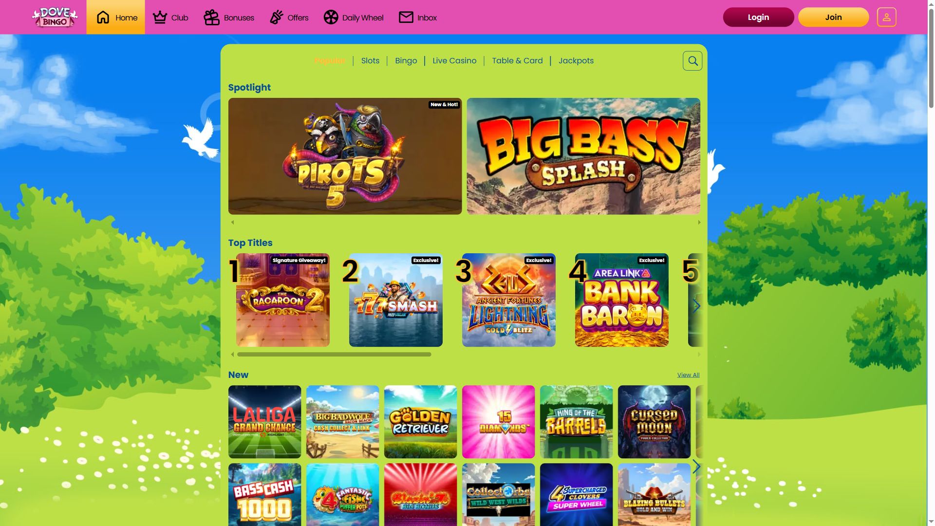 Dove Bingo — Lobby (Desktop)