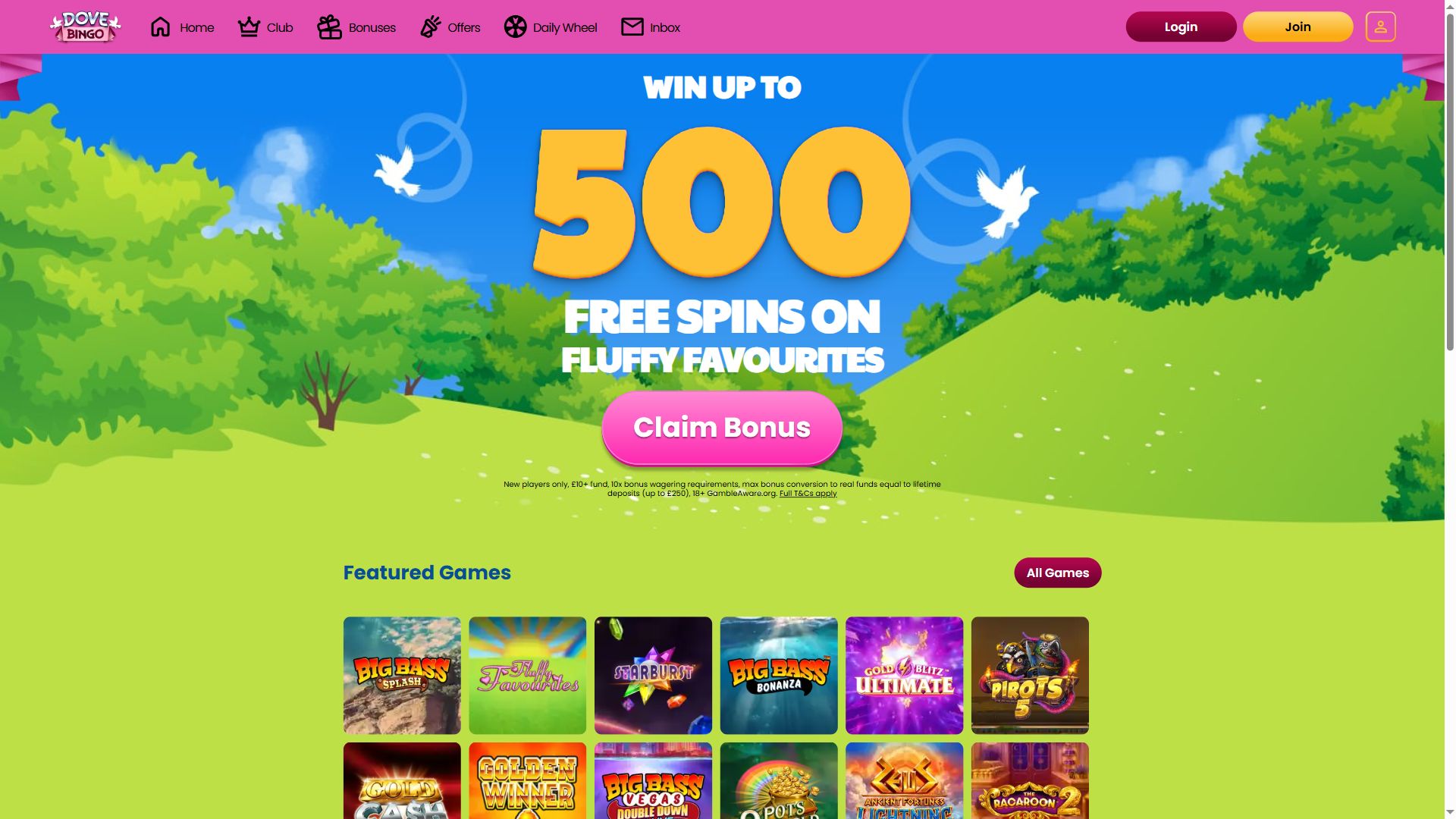 Dove Bingo — Homepage (Desktop)
