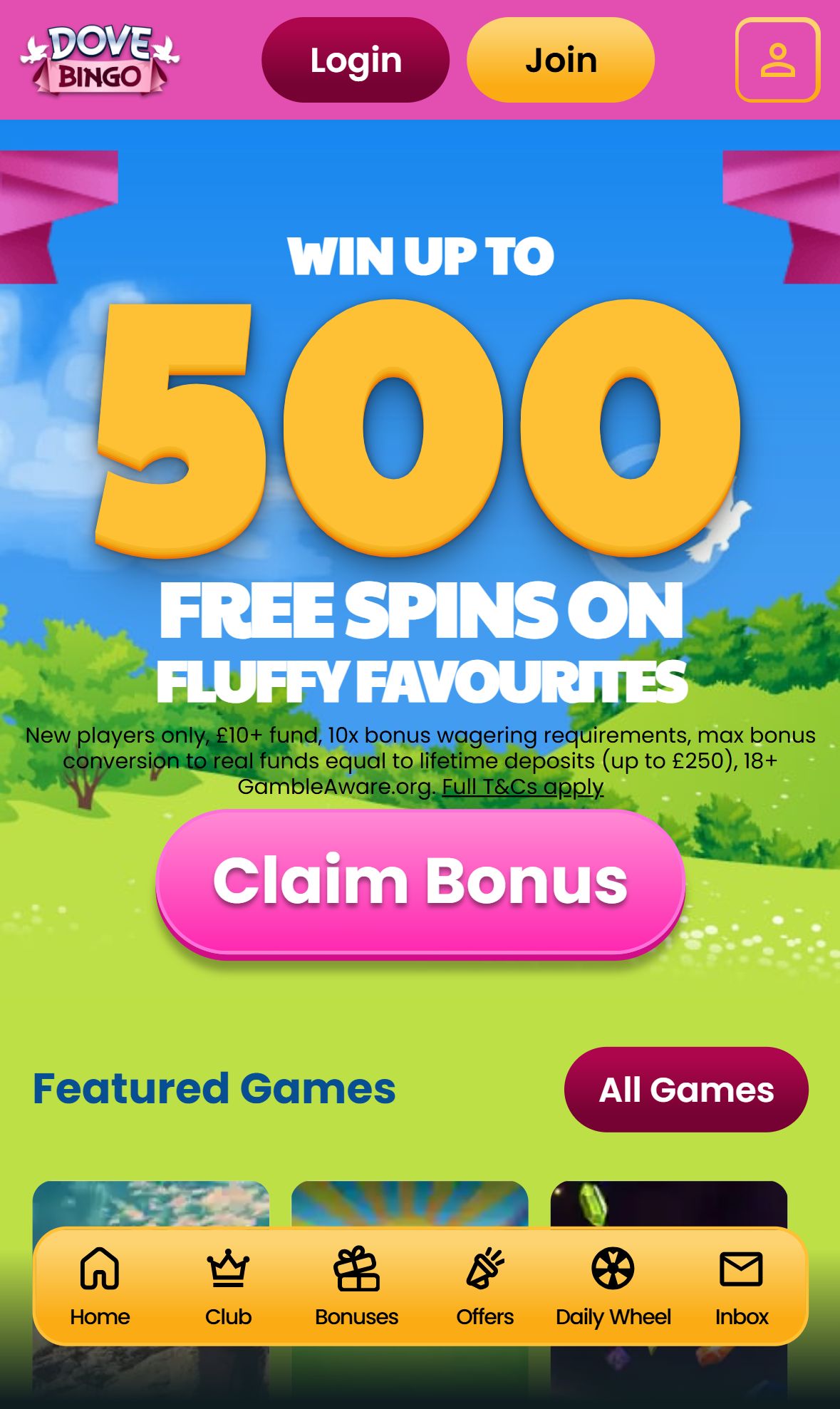 Dove Bingo — Homepage (Mobile)