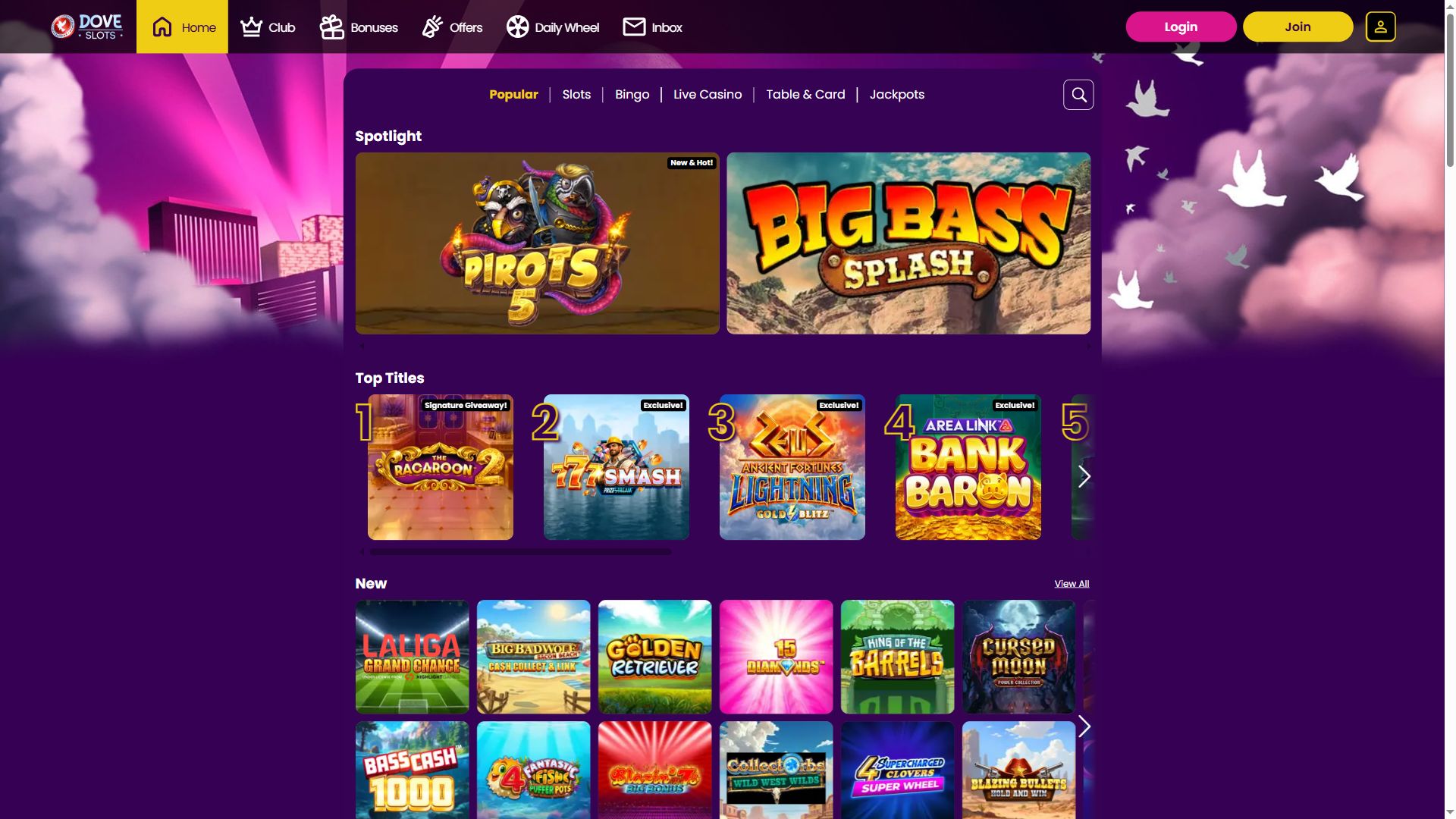 Dove Slots — Lobby (Desktop)