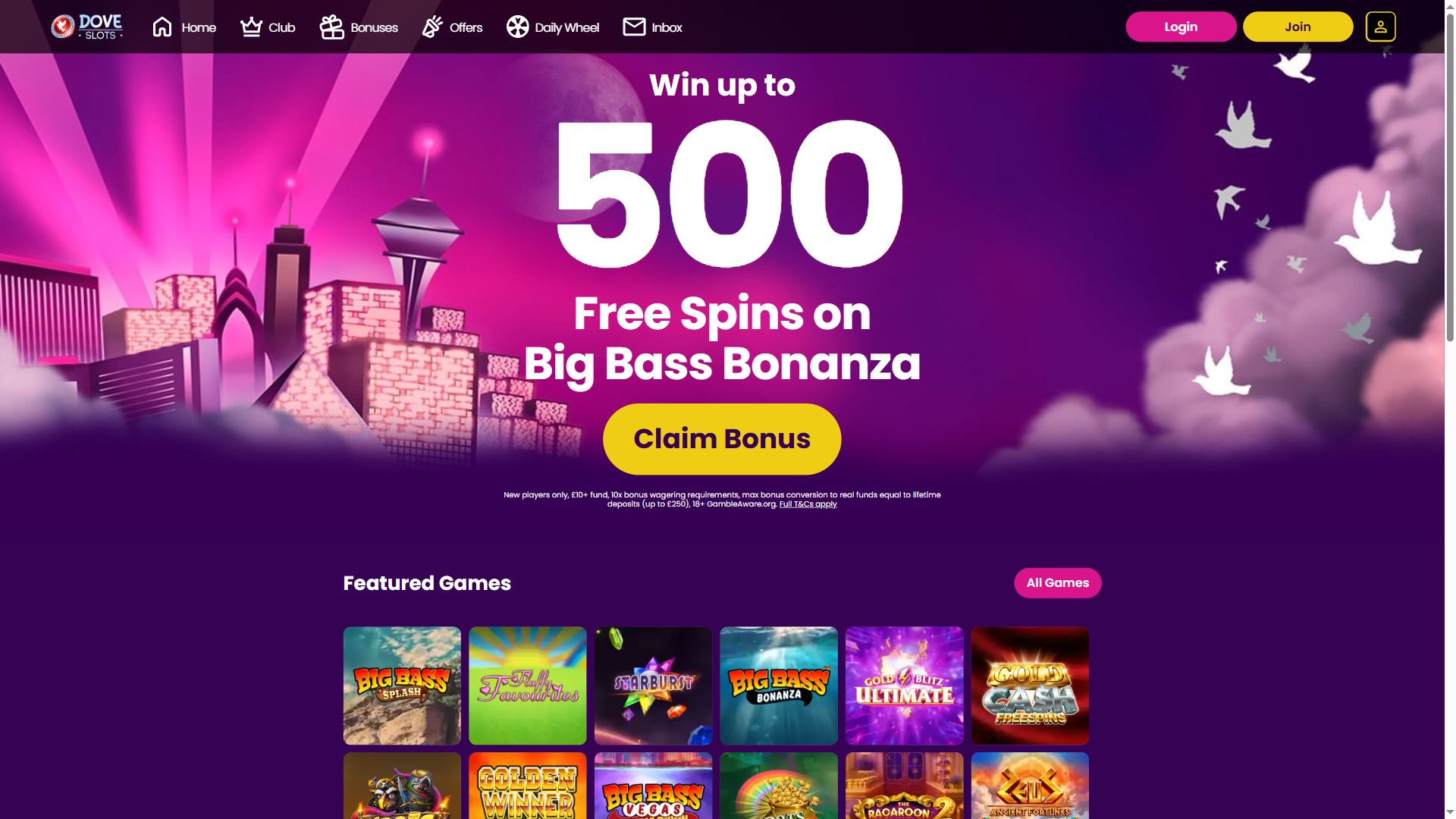 Dove Slots — Homepage (Desktop)