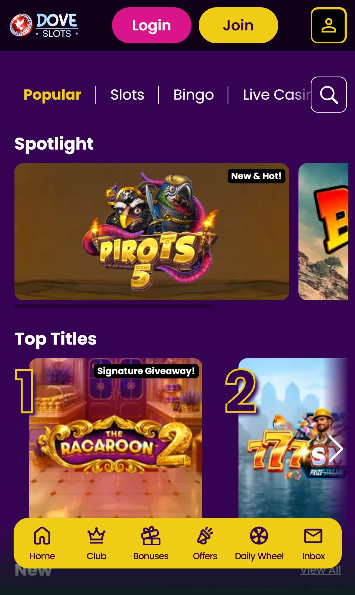 Dove Slots — Lobby (Mobile)