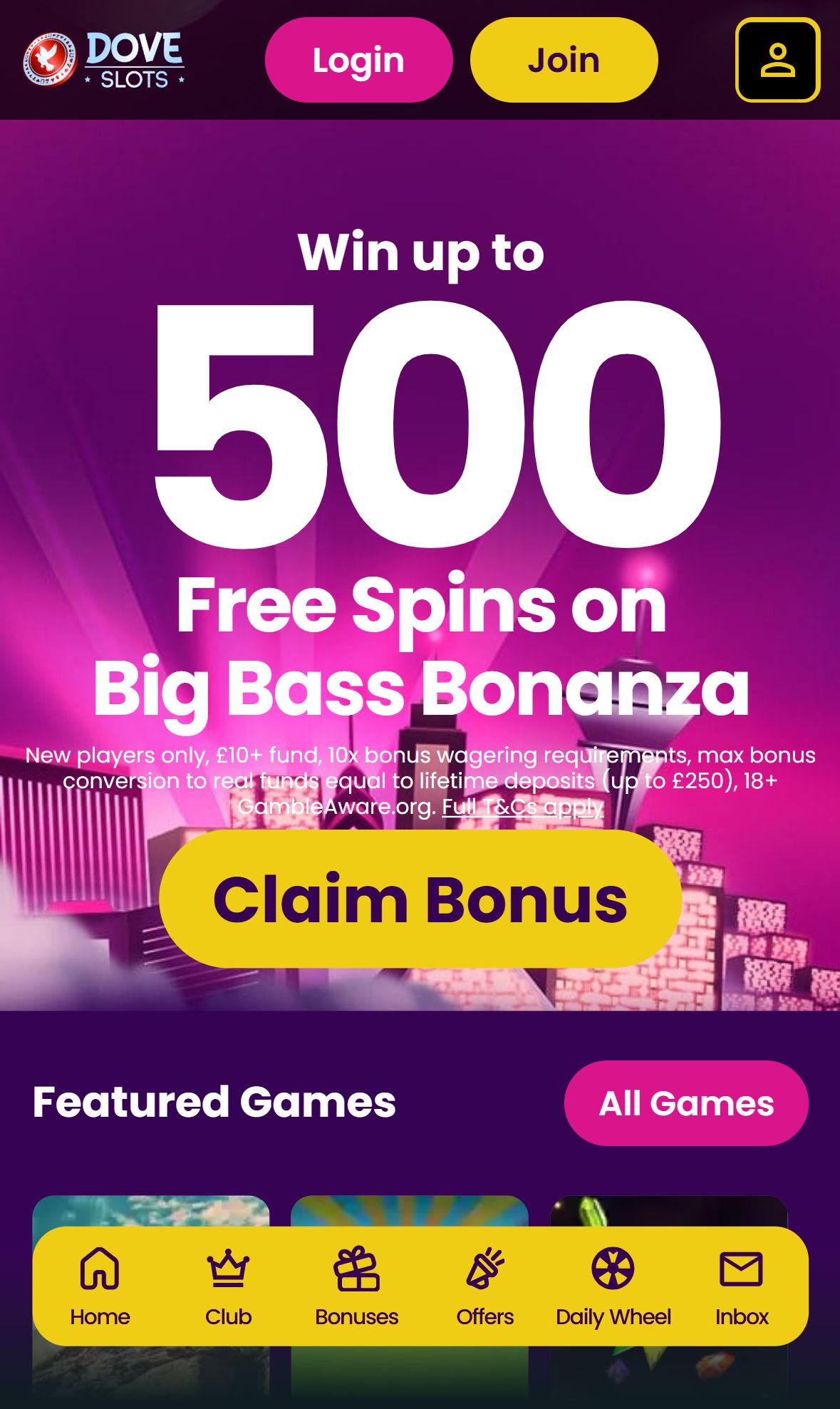 Dove Slots — Homepage (Mobile)