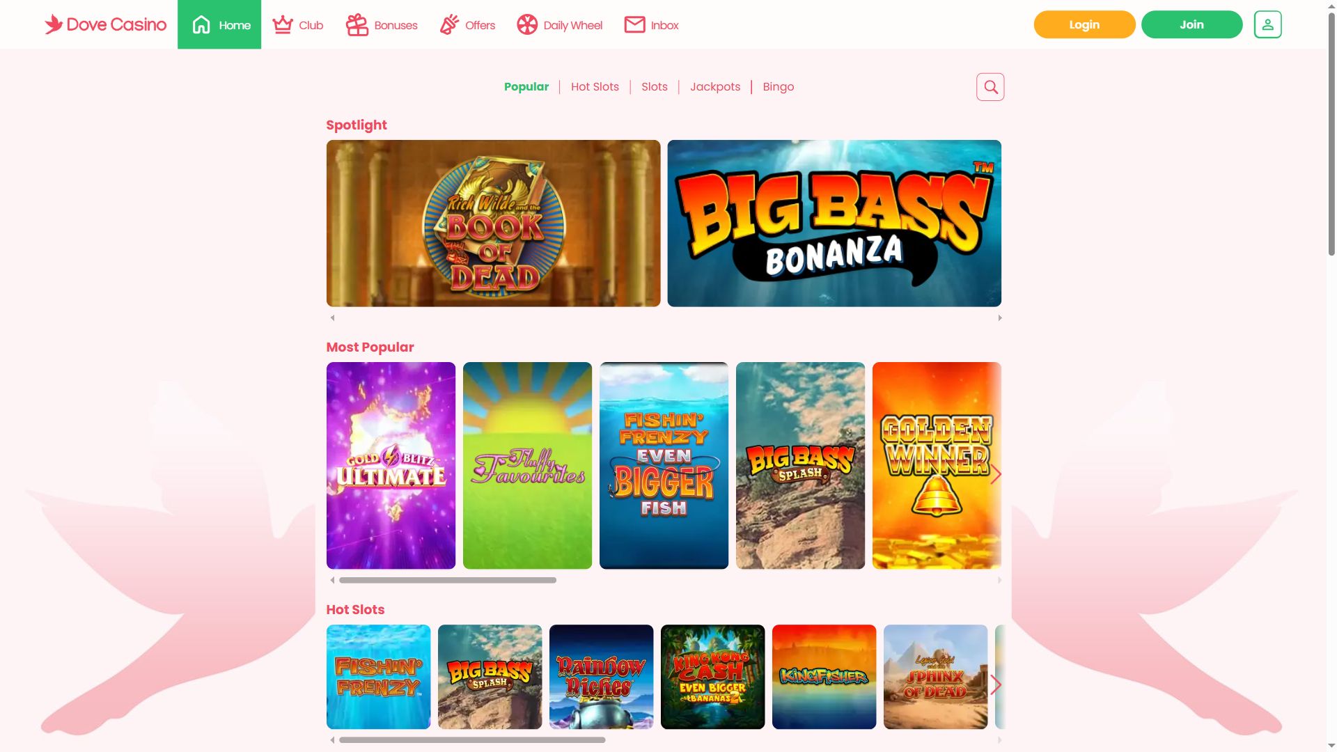 Dove Casino — Lobby (Desktop)