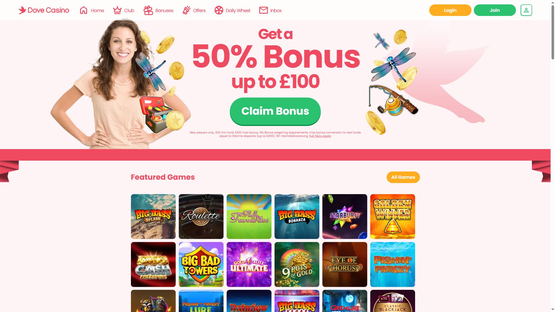Dove Casino — Homepage (Desktop)