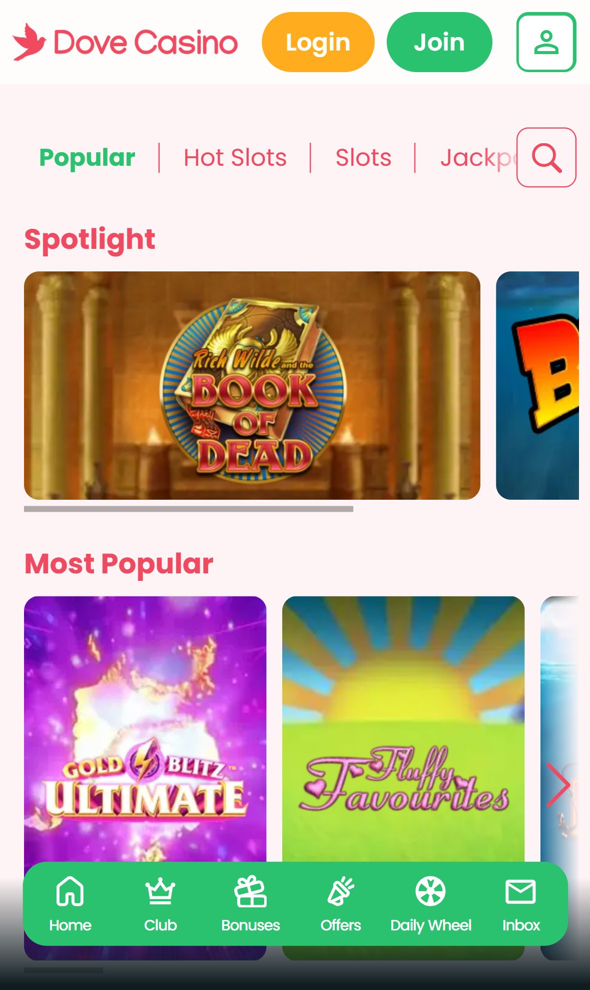 Dove Casino — Lobby (Mobile)