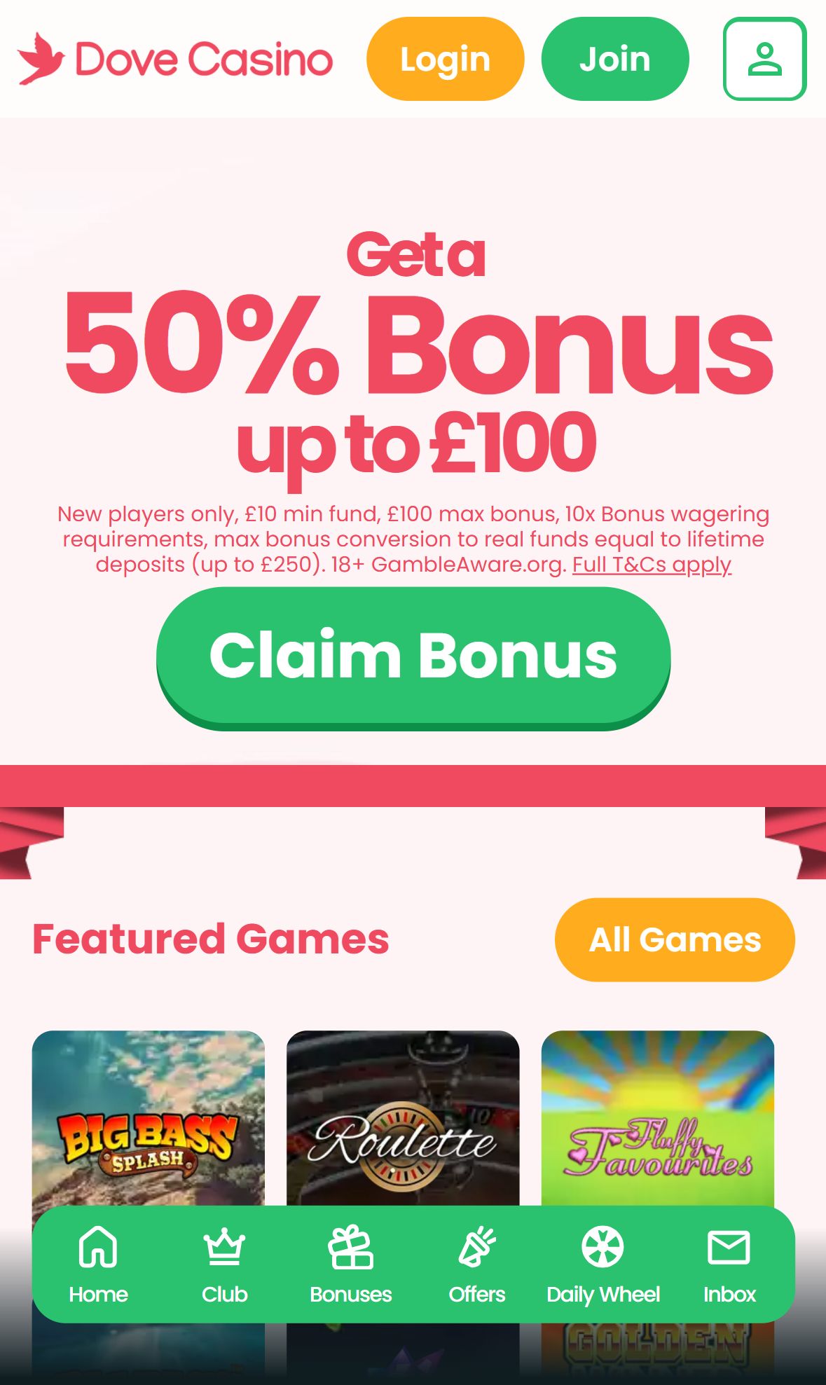 Dove Casino — Homepage (Mobile)