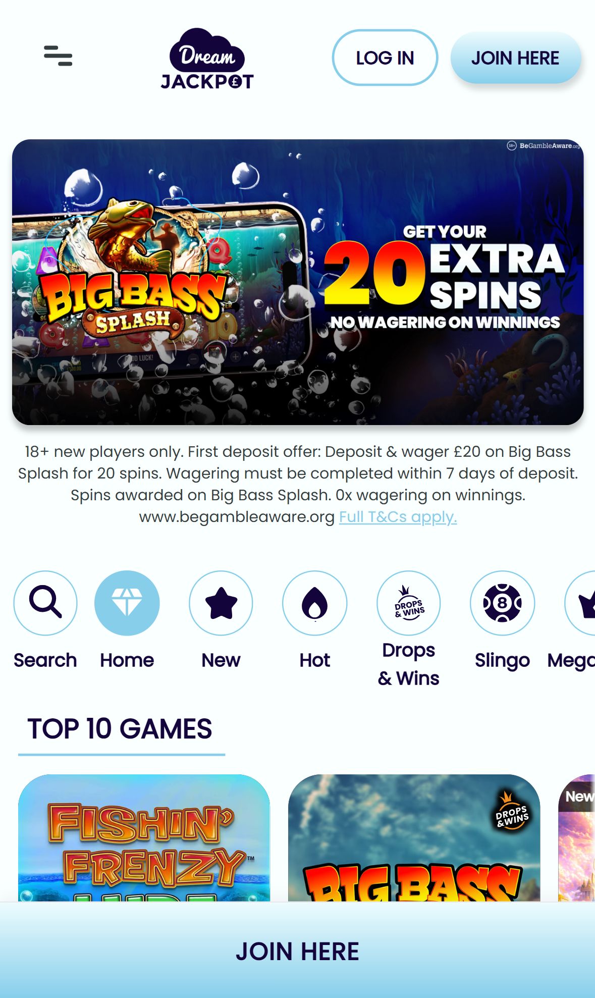 Dream Jackpot — Homepage (Mobile)