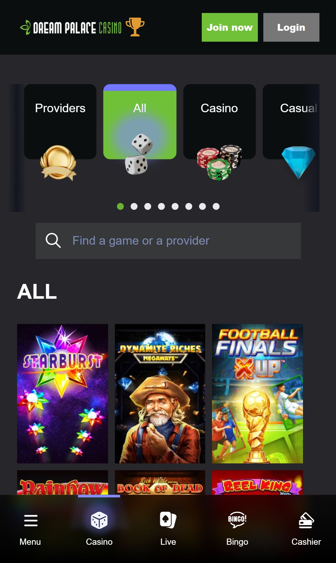 Dream Palace Casino — Lobby (Mobile)