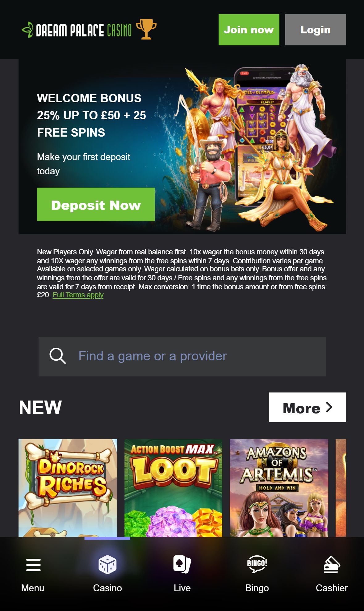 Dream Palace Casino — Homepage (Mobile)
