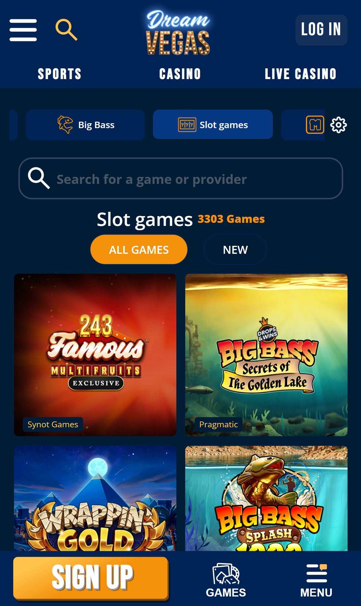 Dream Vegas — Lobby (Mobile)
