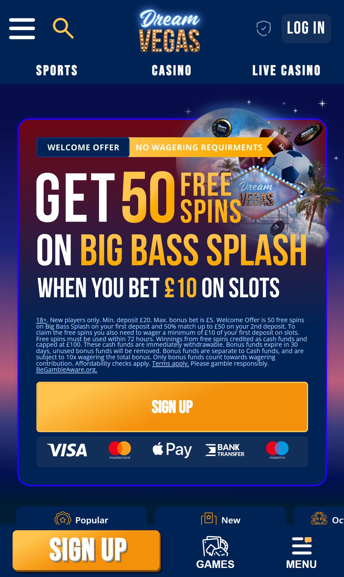 Dream Vegas — Homepage (Mobile)