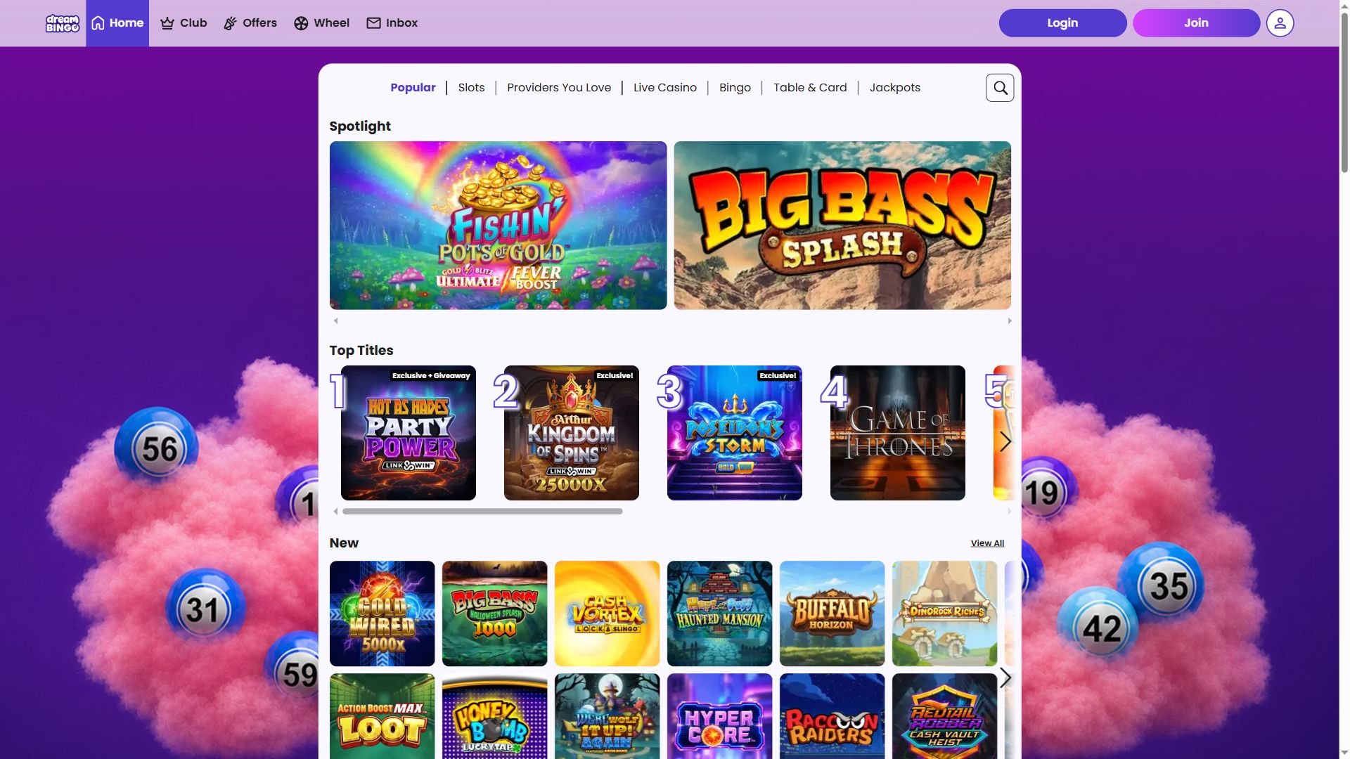 Dream Bingo — Lobby (Desktop)