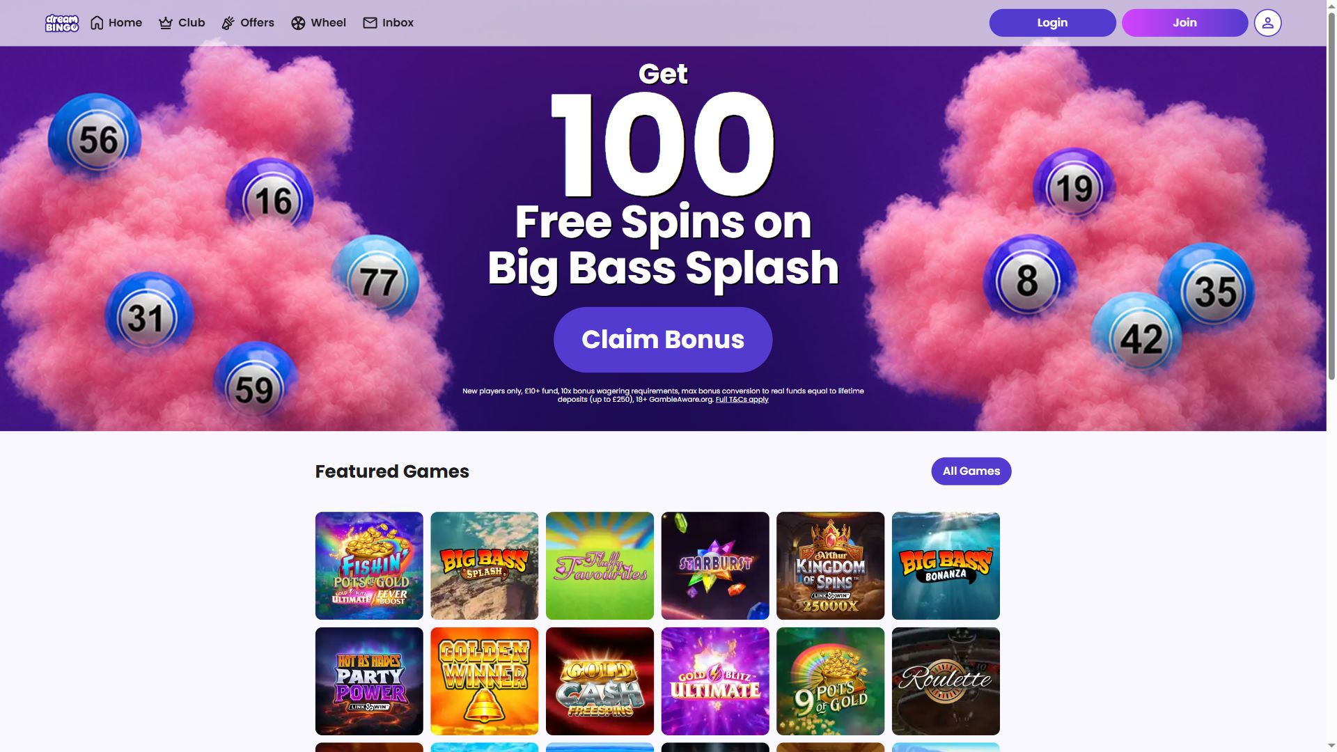 Dream Bingo — Homepage (Desktop)