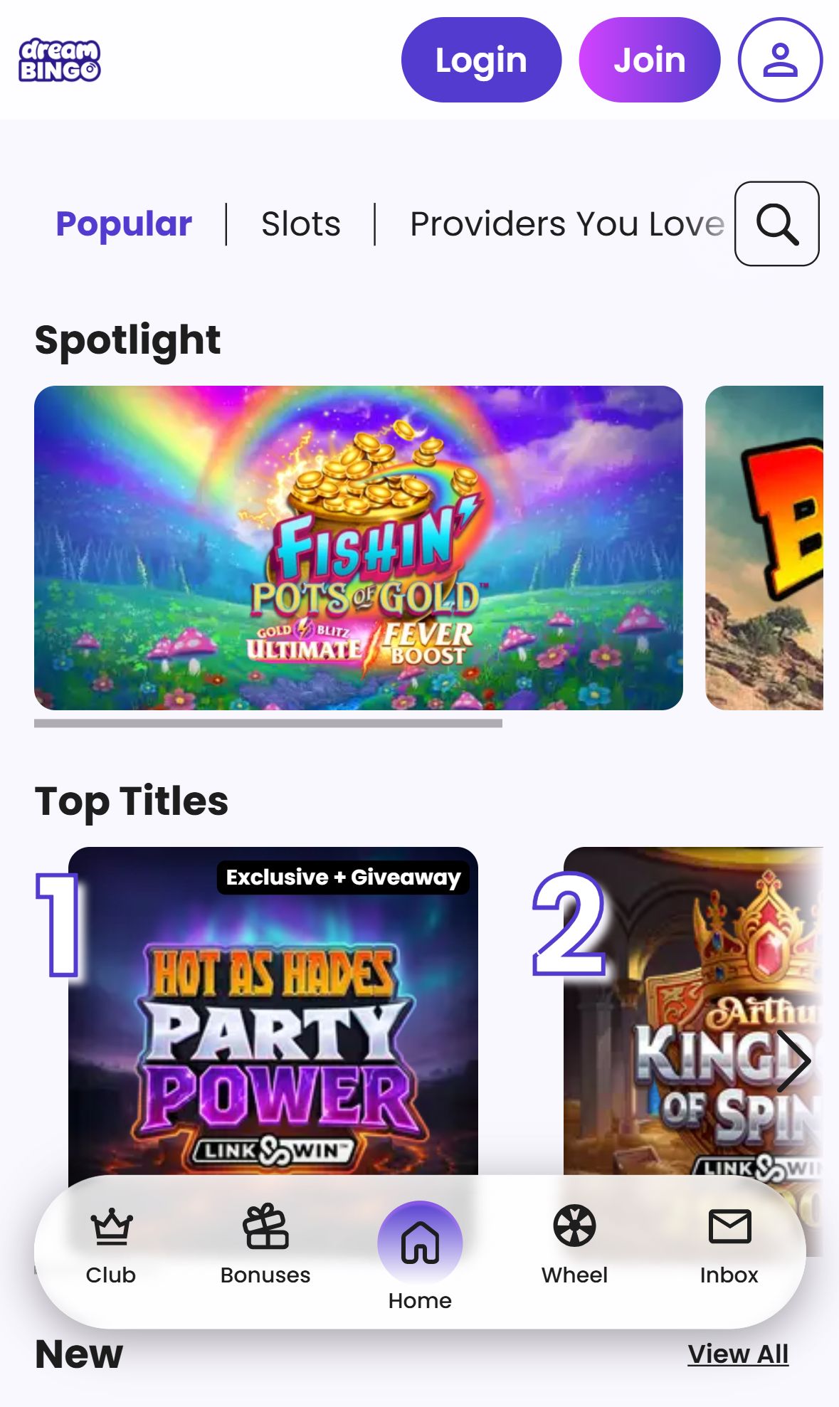 Dream Bingo — Lobby (Mobile)