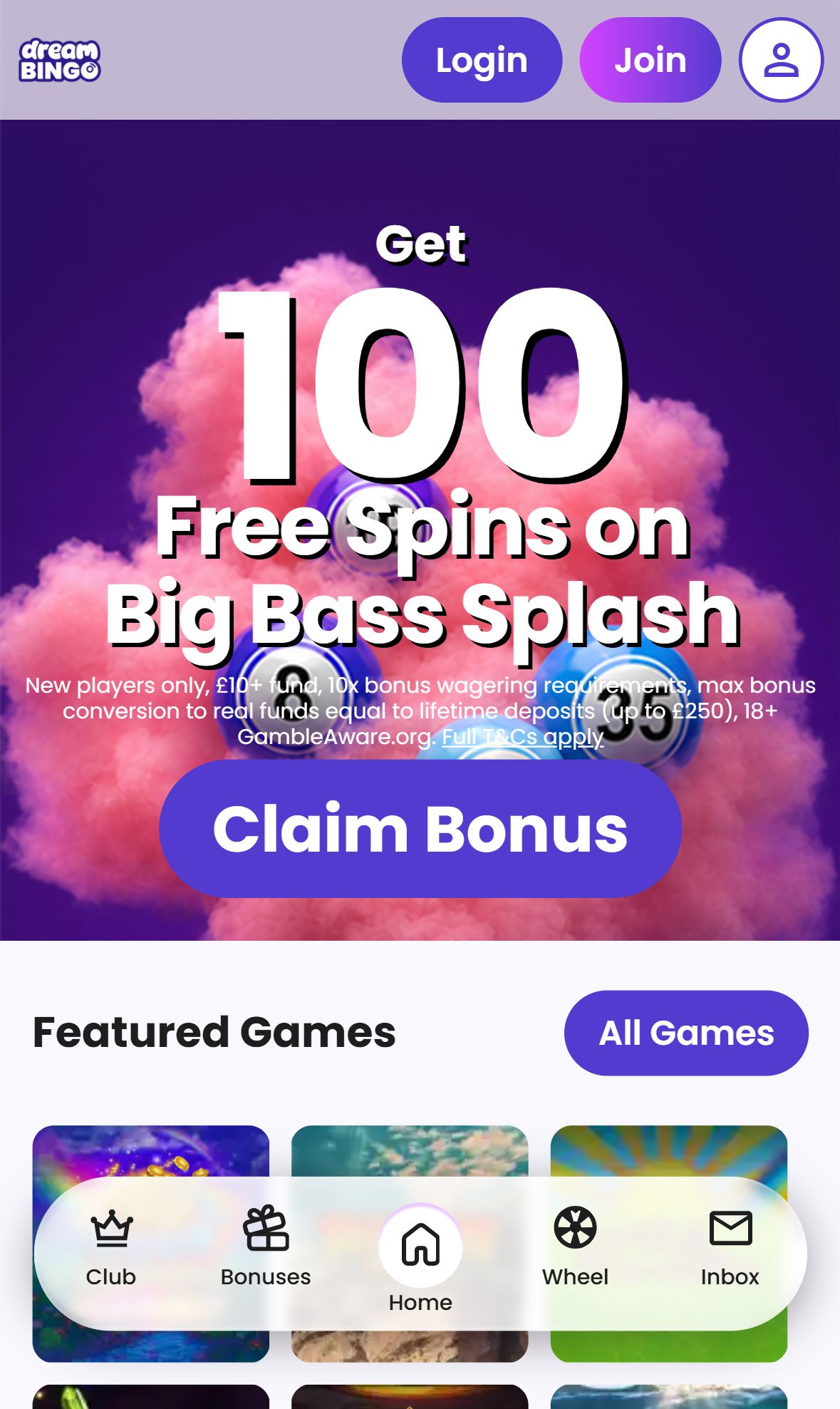 Dream Bingo — Homepage (Mobile)