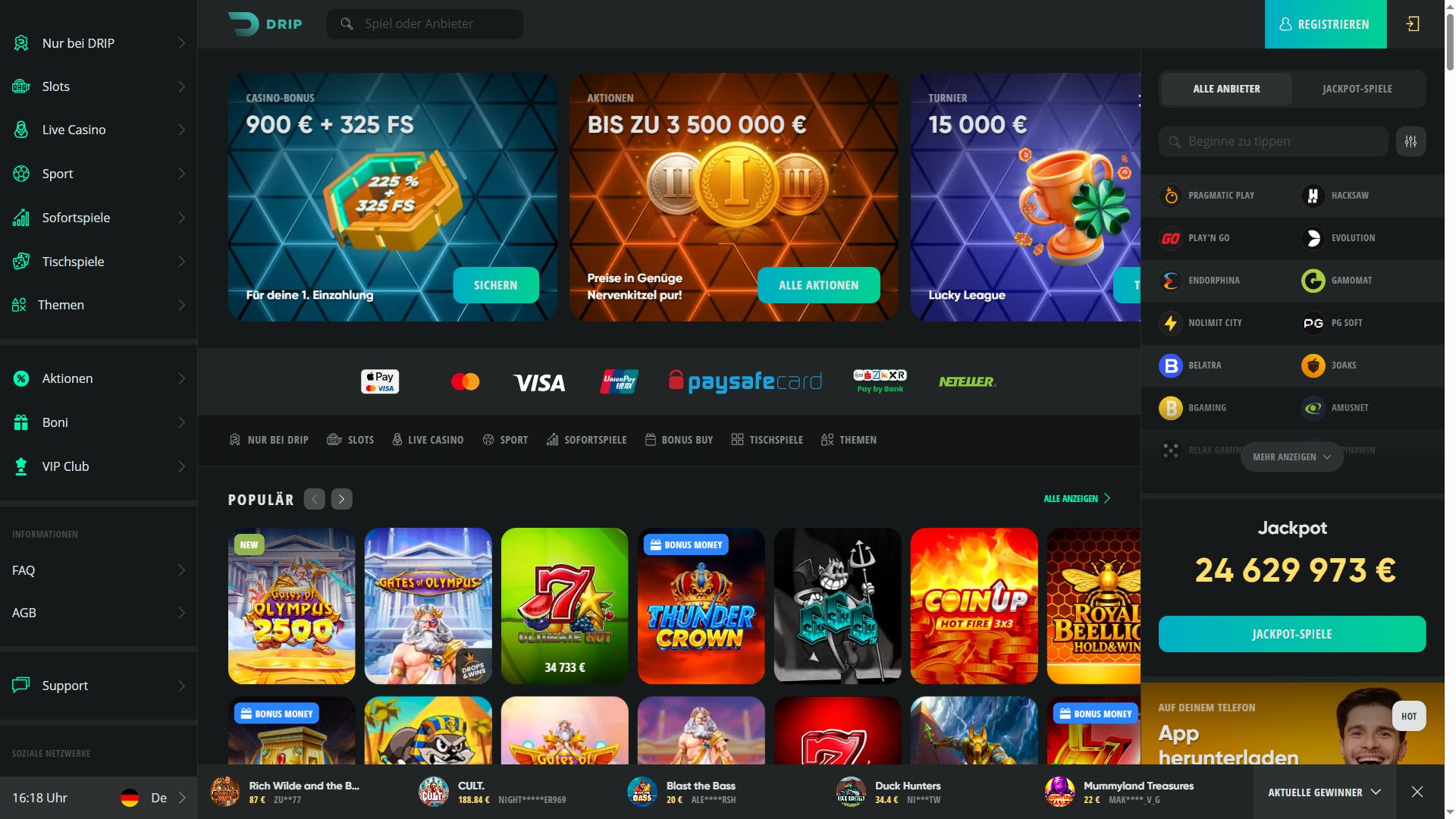 Drip Casino — Startseite (Desktop)