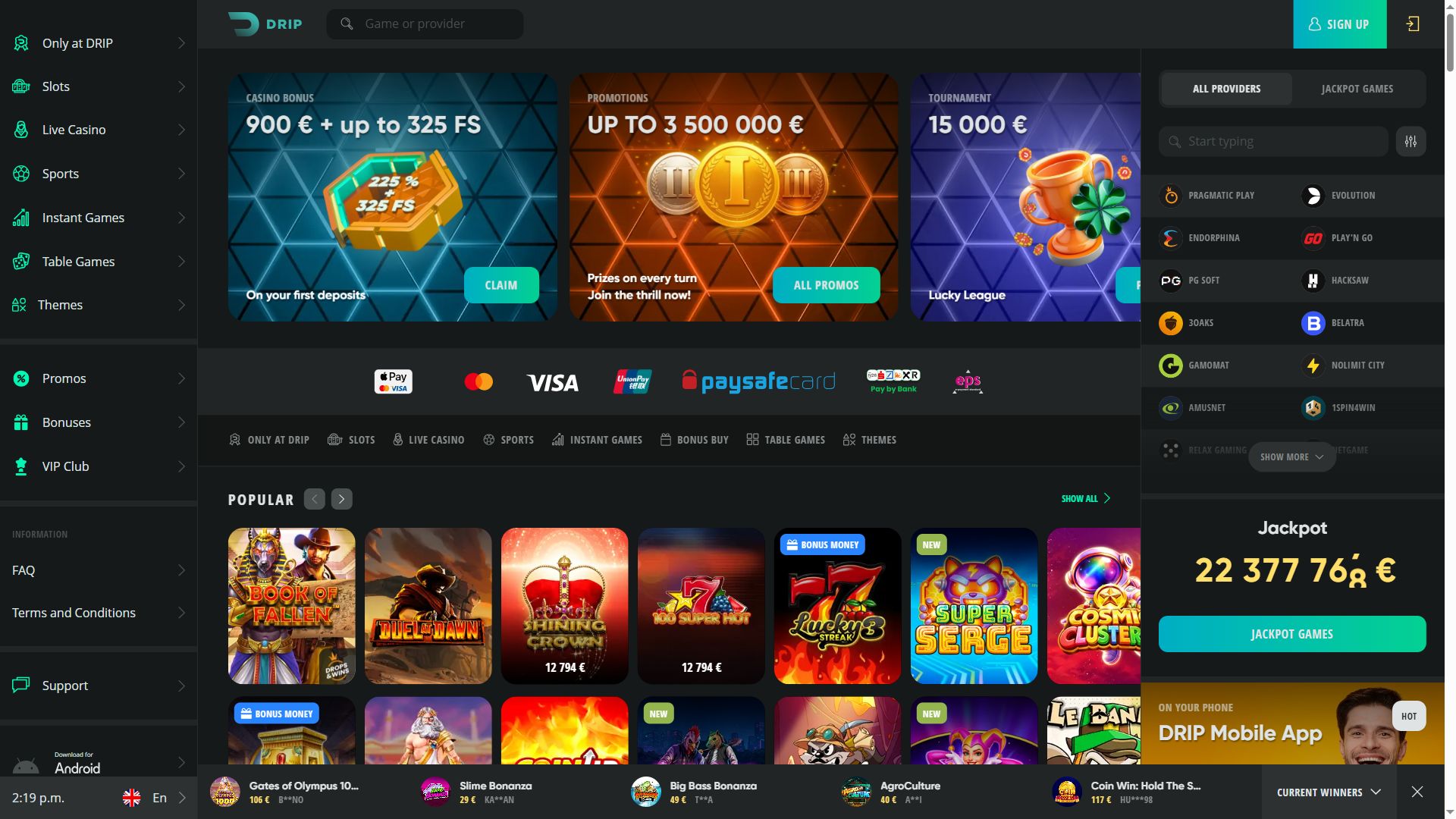 Drip Casino — Homepage (Desktop)