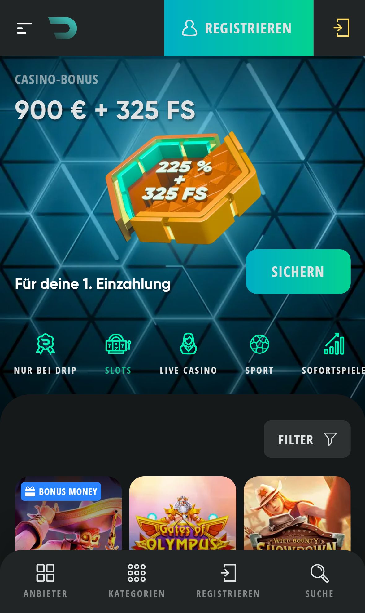 Drip Casino — Lobby (Mobil)