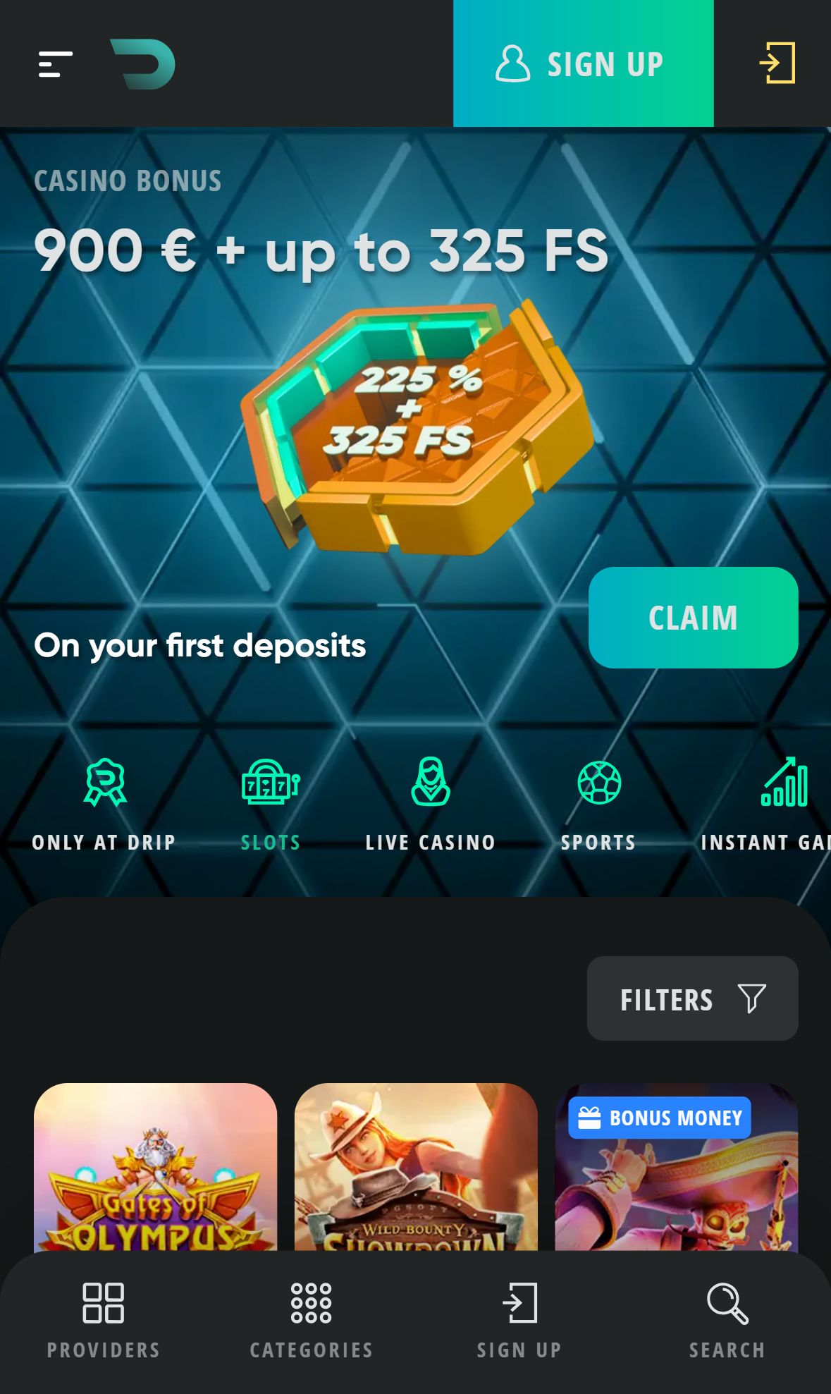 Drip Casino — Lobby (Mobile)