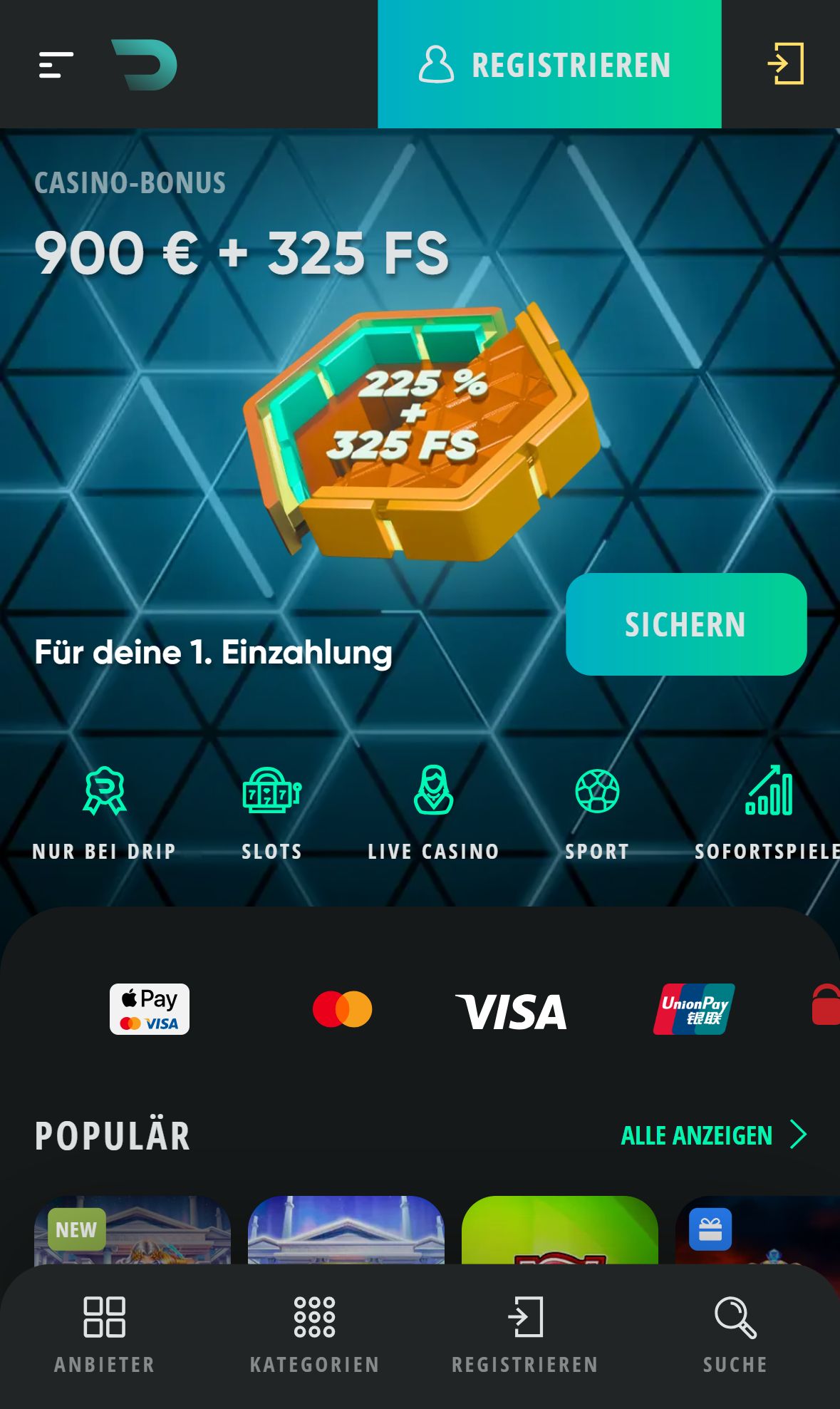 Drip Casino — Startseite (Mobil)