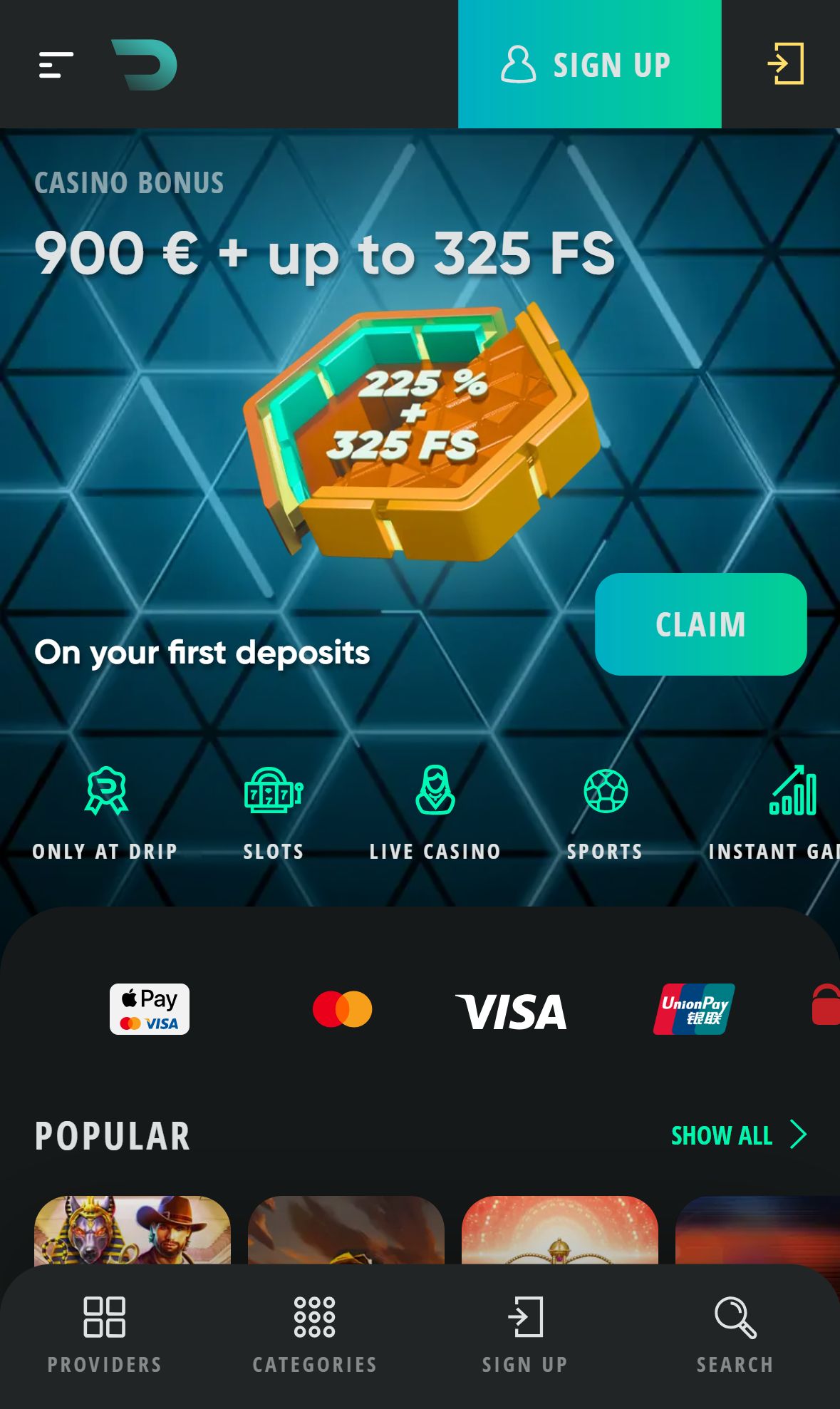 Drip Casino — Homepage (Mobile)