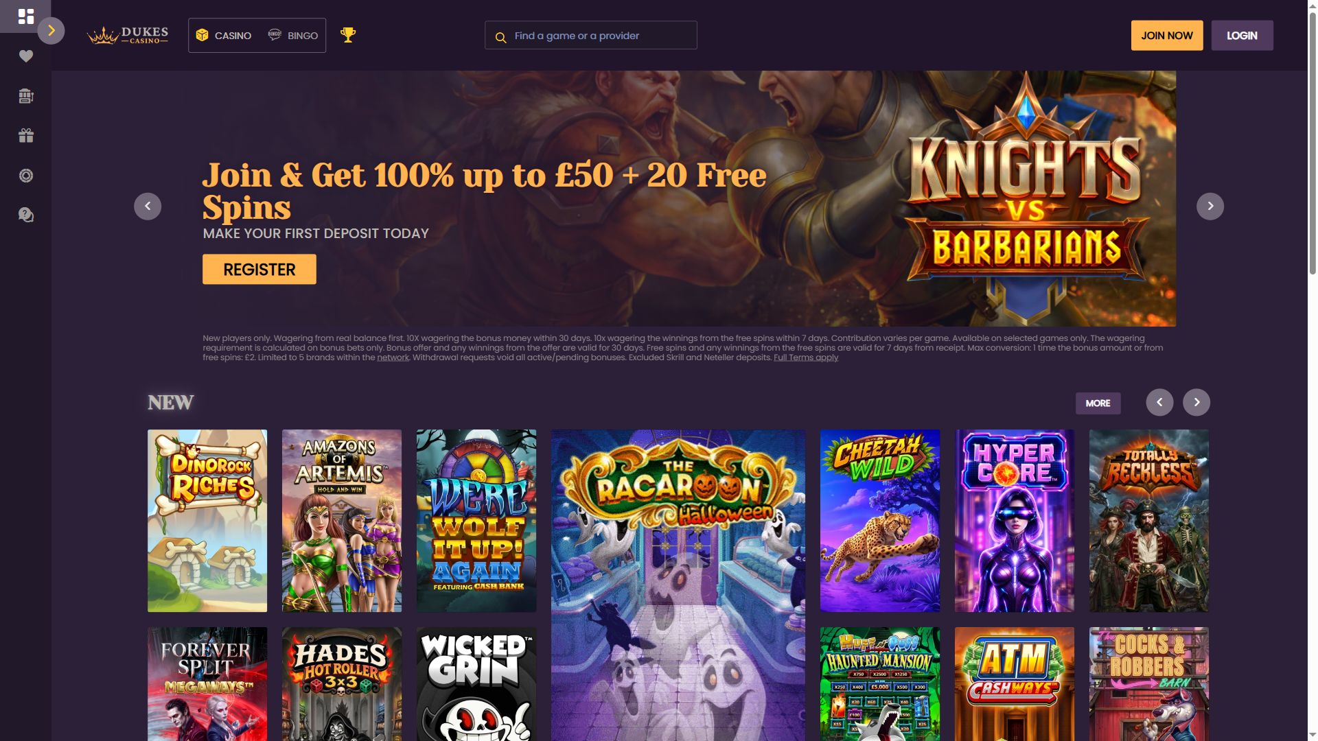 Dukes Casino — Homepage (Desktop)