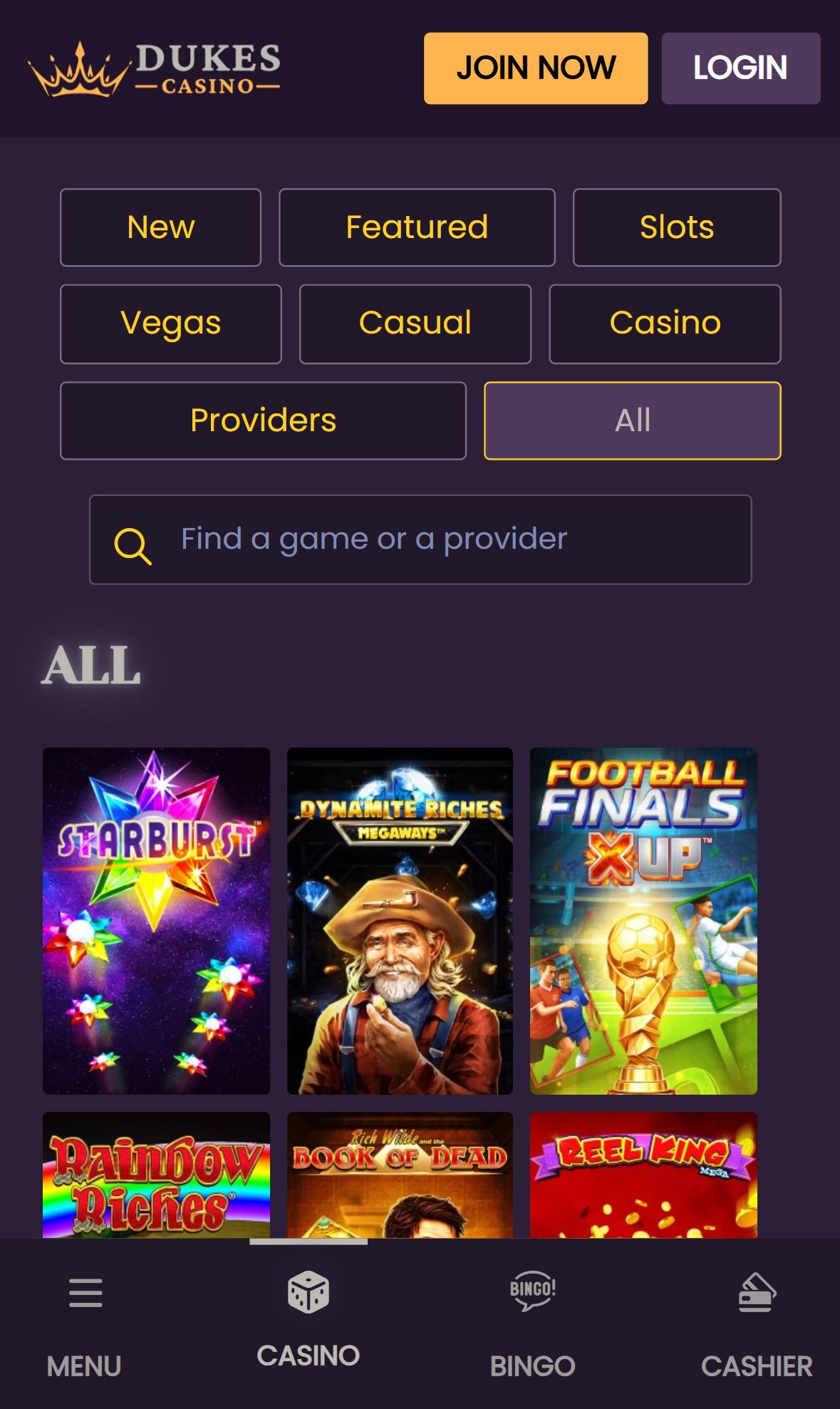 Dukes Casino — Lobby (Mobile)