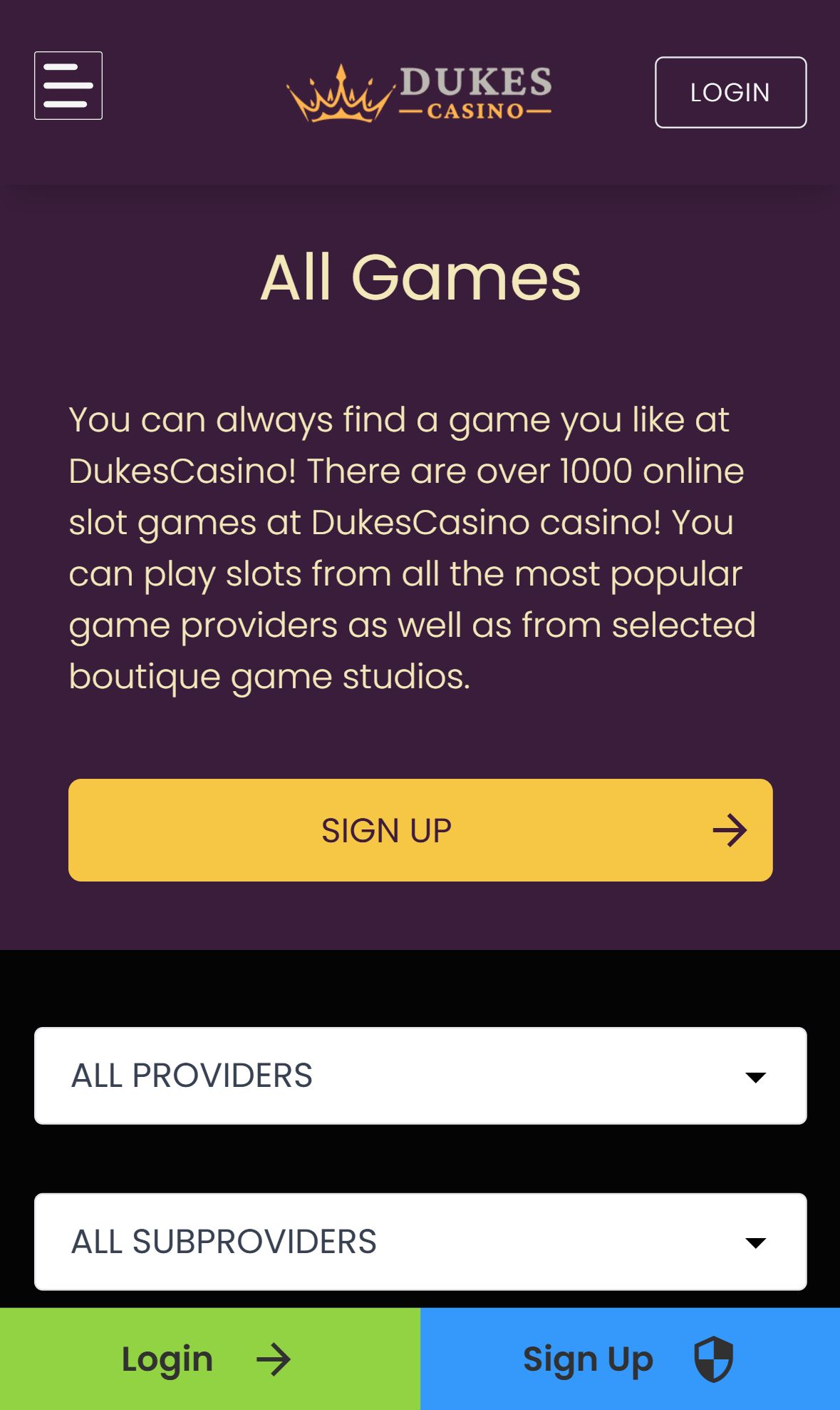 Dukes Casino — Lobby (Mobile)