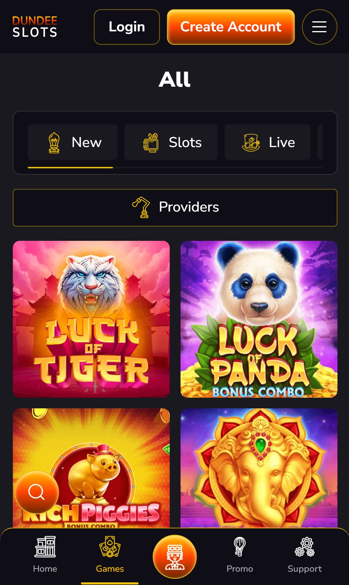 DundeeSlots — Lobby (Mobile)