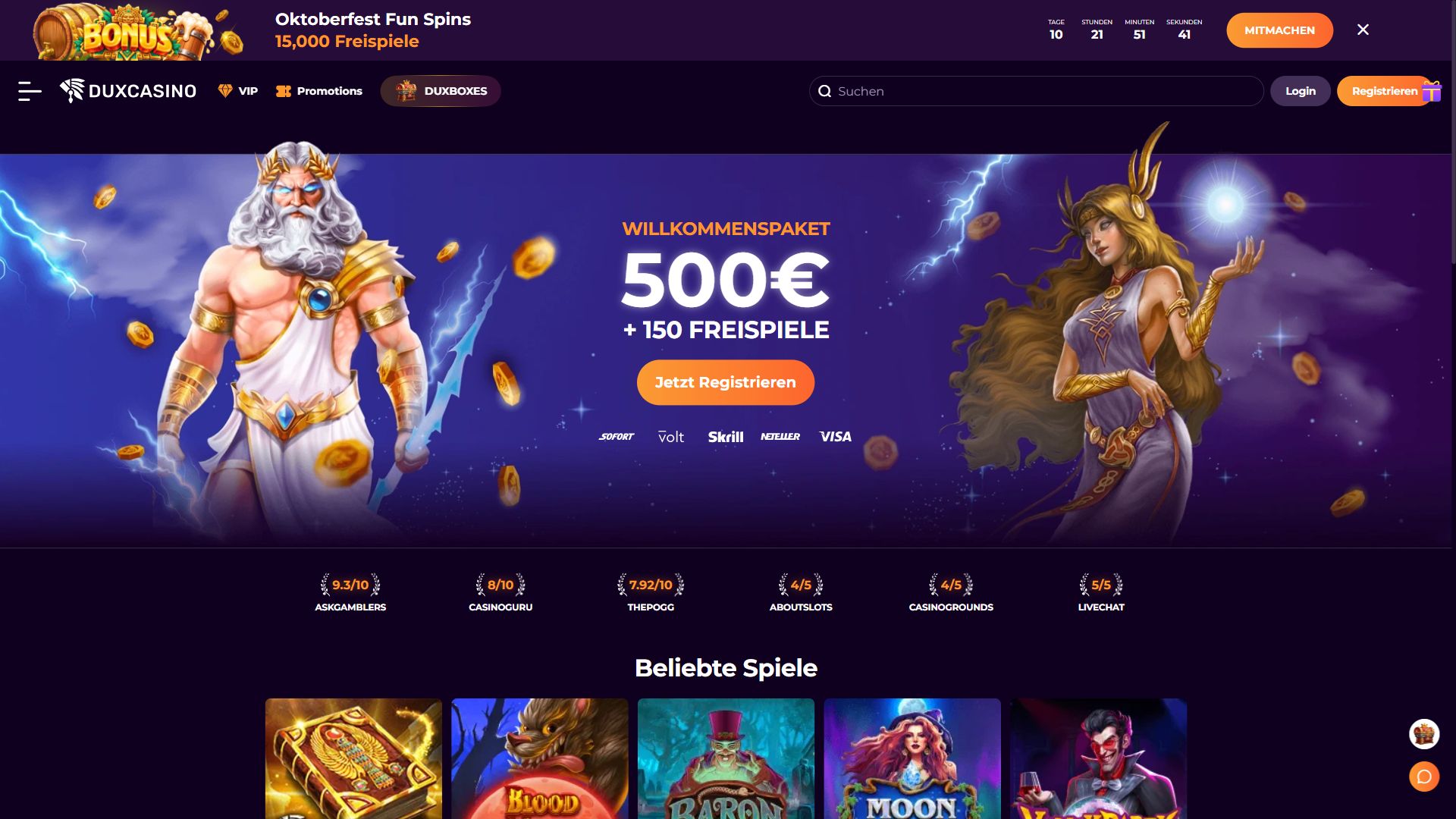 Duxcasino — Startseite (Desktop)