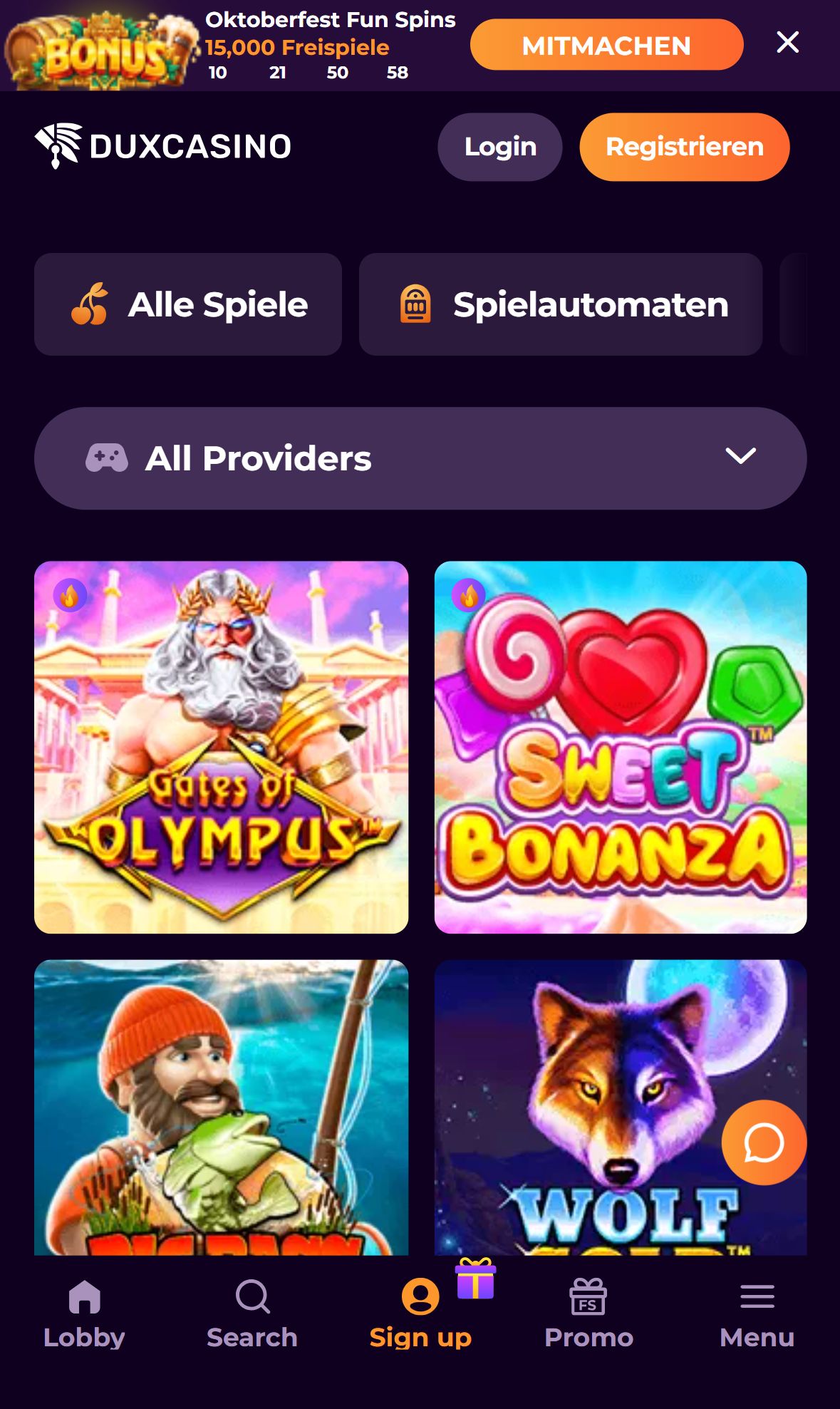 Duxcasino — Lobby (Mobil)