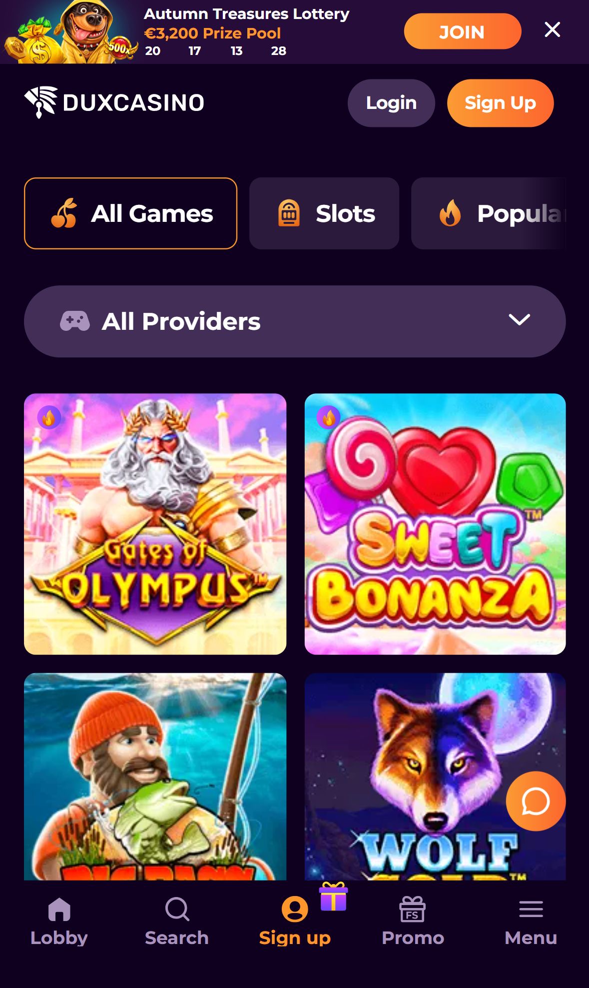 Duxcasino — Lobby (Mobile)